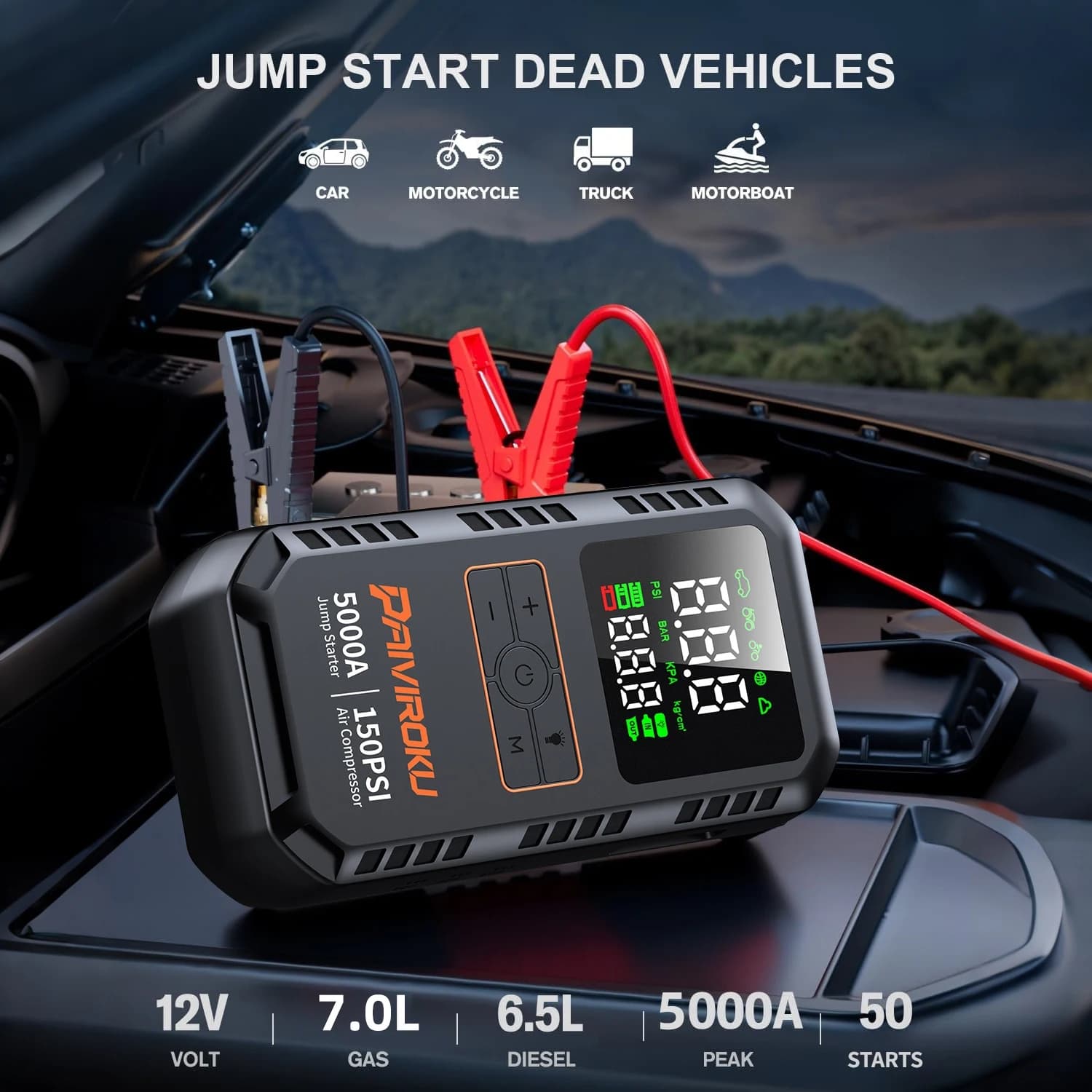 PAIVIROKU 4-IN-1 מתנע רכב עם מדחס אוויר 5000APeak מאיץ סוללות אוטומטי 150PSI משאבת אוויר בנק כוח משאבת אוויר ניפוח צמיגים - תמונה 2