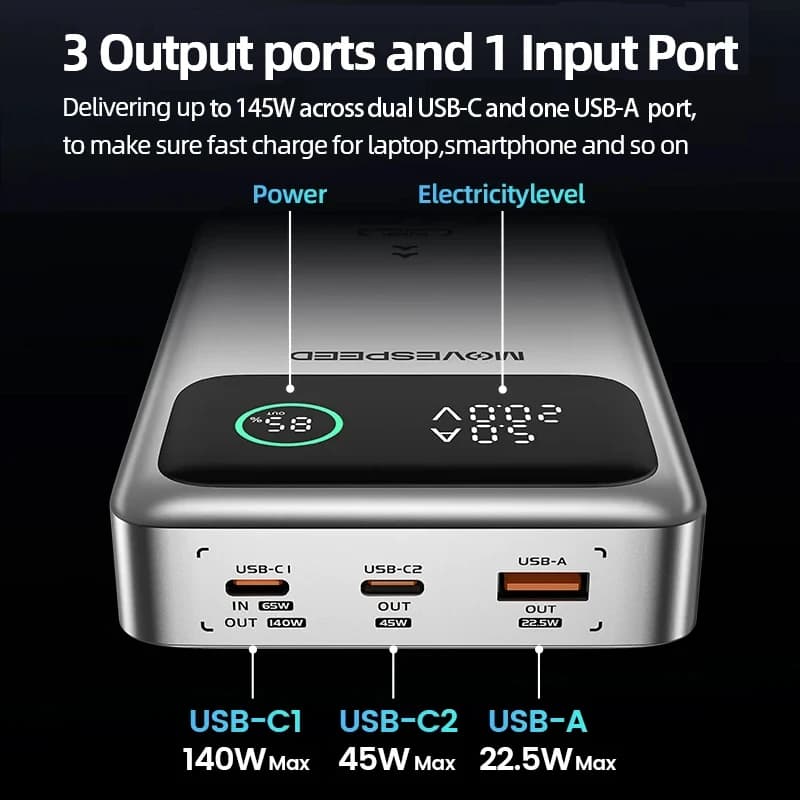 מטען נייד MOVESPEED M25Pro 140W Power Bank 25000mAh PD3.1 טעינה מהירה ניידת חיצונית 100W Powerbank עבור MacBook Notebook Laptop - תמונה 3