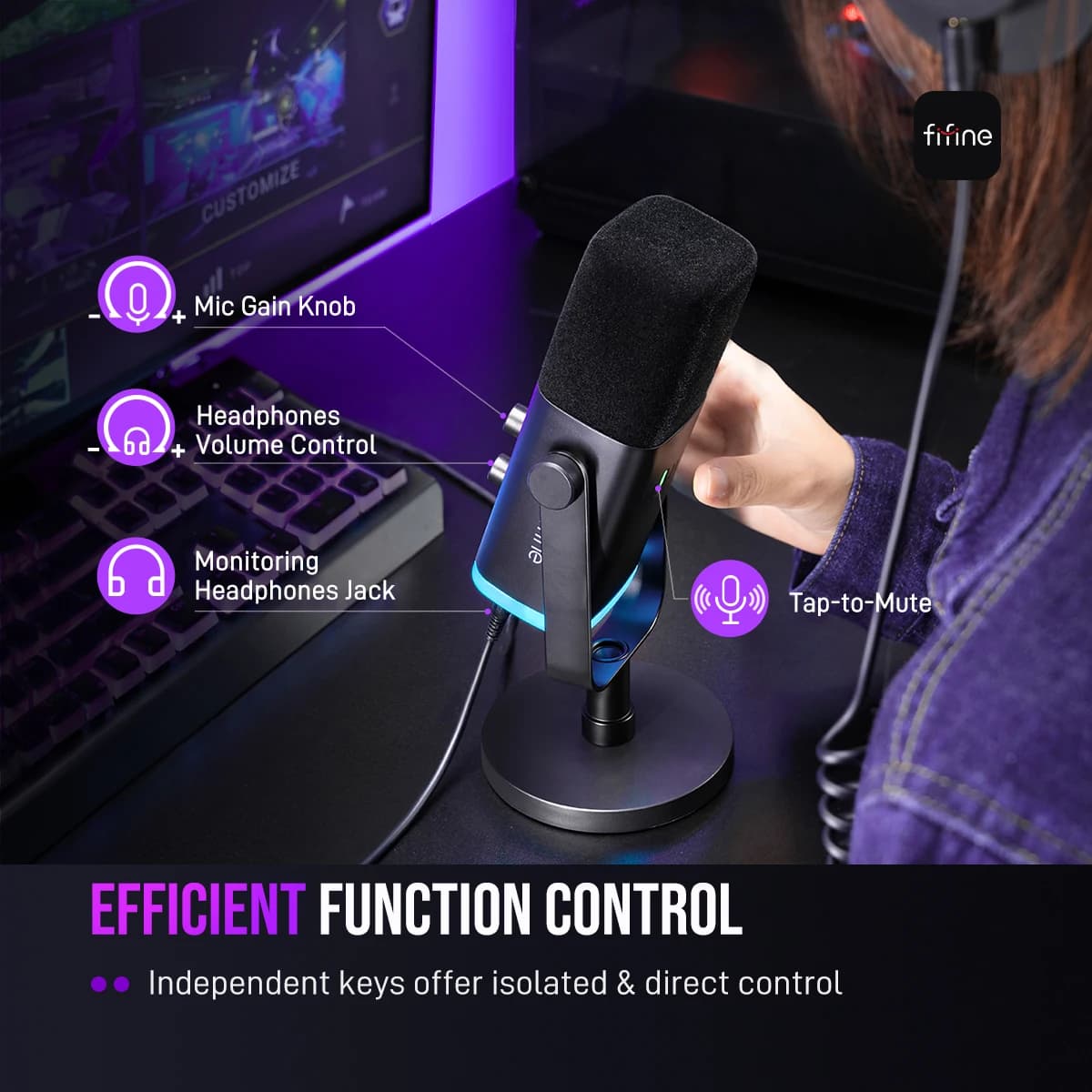 מיקרופון דינמי FIFINE USB/XLR עם בקרת RGB/חיבור אוזניות/שקט, מיקרופון להקלטת משחקים במחשב ושידור משחקים AmpliGame-AM8 - תמונה 5