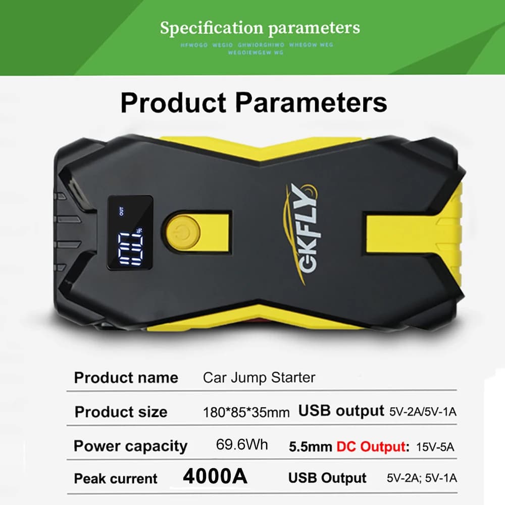 GKFLY 3000A/4000A מתנע קפיצה לרכב נייד 12V בנזין דיזל מכשיר התחלה כבלים נייד בנק כוח סוללת רכב - תמונה 5