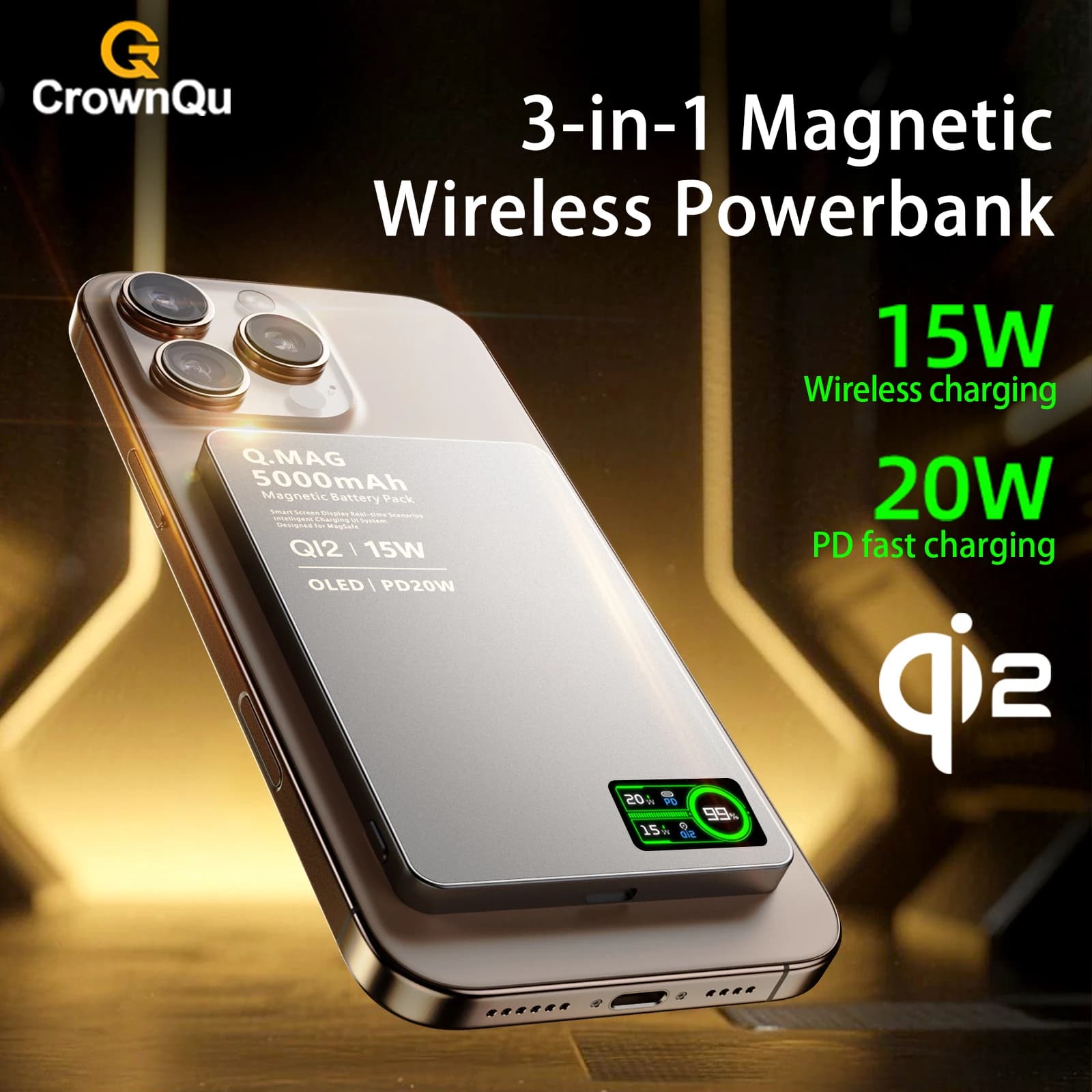 סוללת גיבוי מגנטית אלחוטית Qi 2.1 USB-C טעינה מהירה לאייפון 12-17 פרו, איירפודס, שעון שיאומי, 10000mAh - תמונה 2