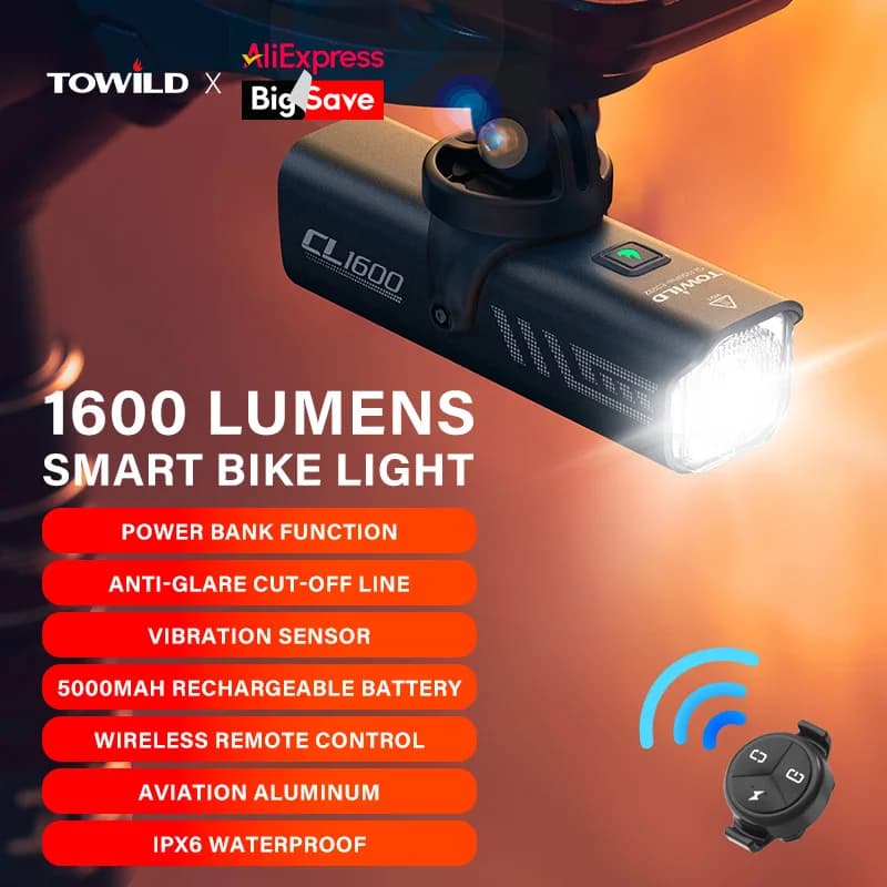 TOWILD CL1600 אורות אופניים 5000mAh נטענים LED אופניים אור IPX6 אלומיניום מנורה קדמית 1600LM MTB פנסי רכיבה על אופניים