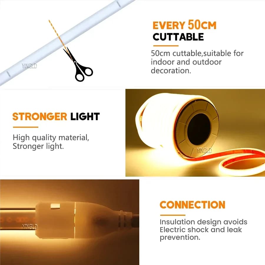 סטריפ LED COB במתח 220V עם מתג בהירות גבוהה / ניתן לכווץ US 110v EU Plug נאון טייפ תאורת ארון מטבח עמיד למים גינה - תמונה 5