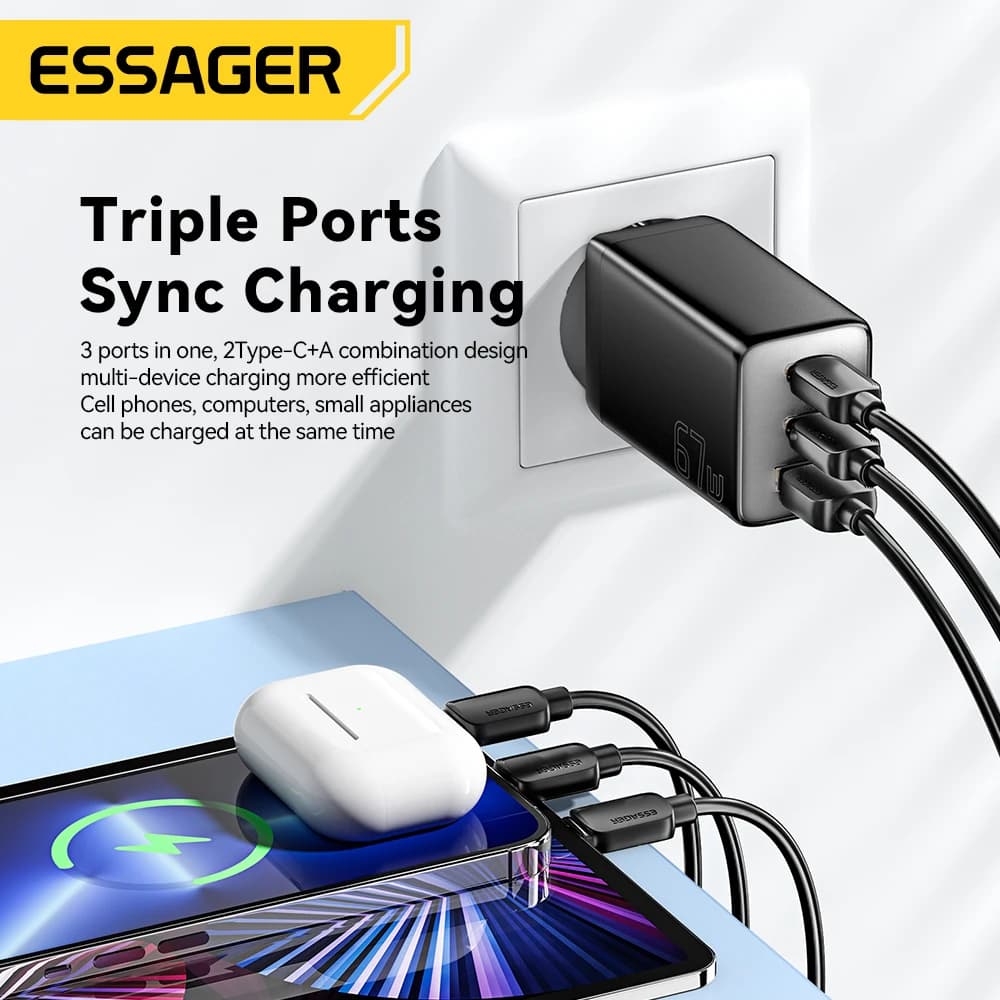 מטען Essager 67W GaN USB-C PD 3.0 QC 3.0 טעינה מהירה עבור iPhone 16 15 Pro Max Xiaomi Samsung Huawei Mate 70 מטענים למחשבים ניידים - תמונה 3
