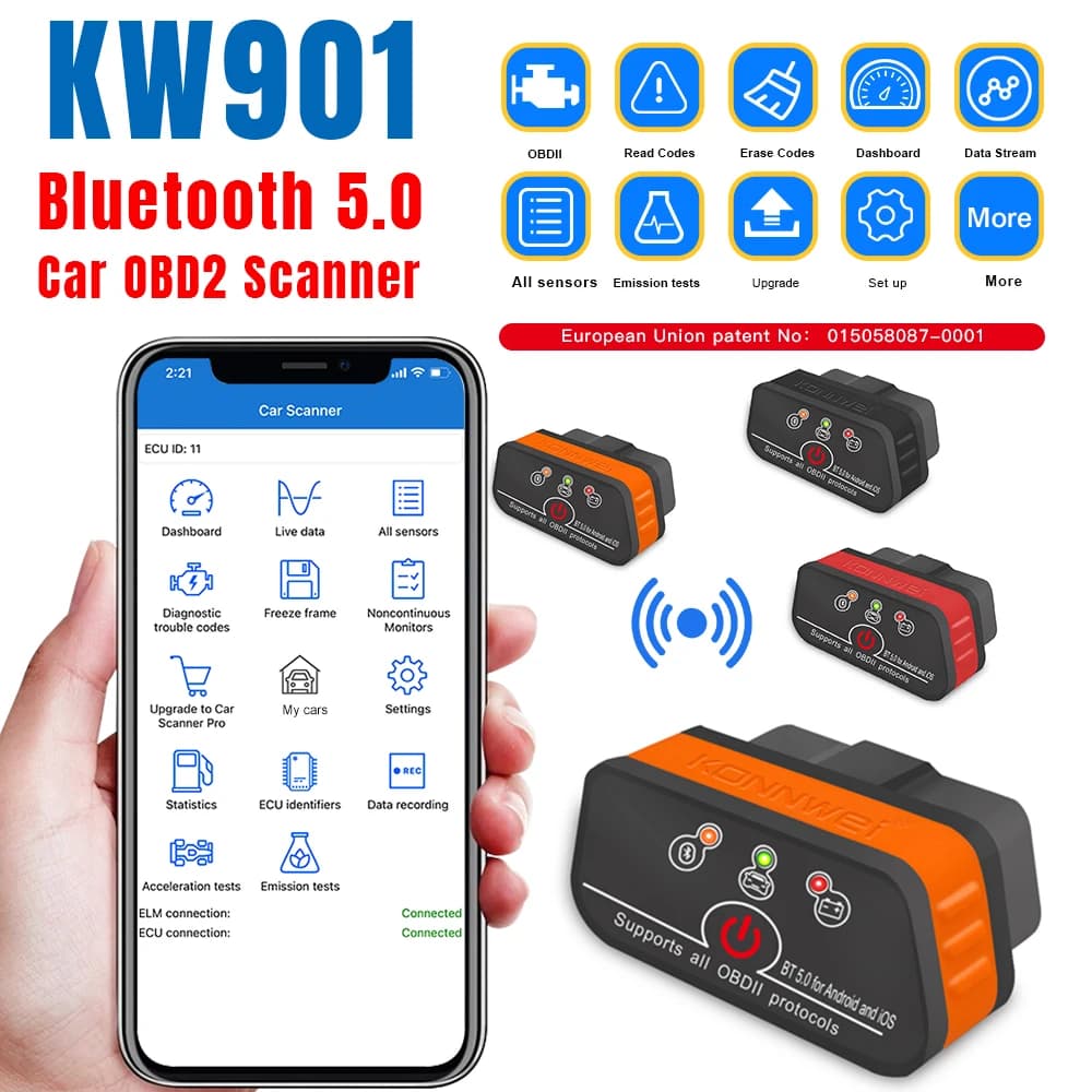 2025 חדש KONNWEI KW901 ELM327 V1.5 Bluetooth5.0 סורק OBD2 לרכב Android/IOS כלי תקליטור קוד קורא pk Vgate ICAR2