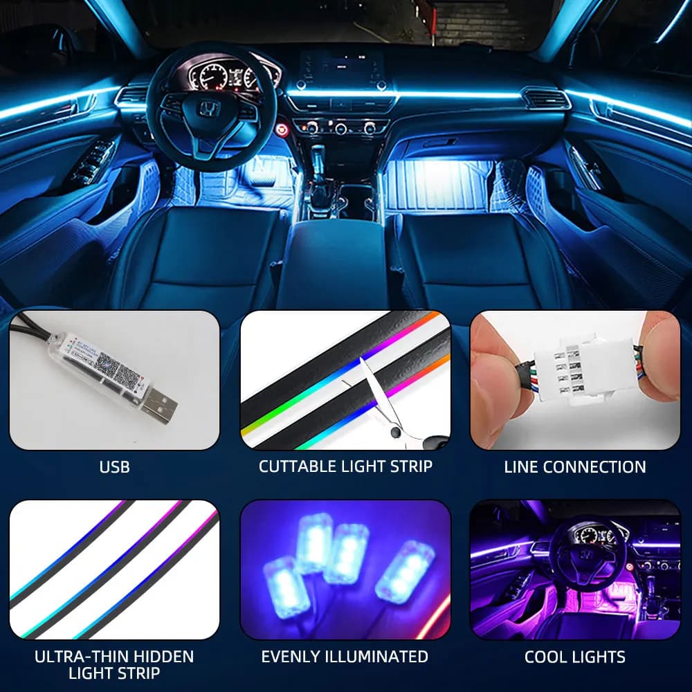 10 ב-1 רצועת אור LED אקרילית לרכב RGB סימפוניה תאורת פנים אוטומטית רצועת תאורה מרחוק / שליטה באפליקציה למנורת אטמוספירה דקורטיבית - תמונה 5
