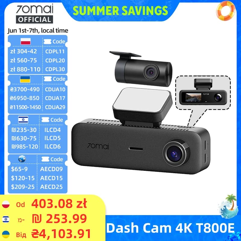 70mai T800E מצלמת 3 ערוצים קדמית 4K + אחורית 1080P + פנימית 1080P HDR קבל-על 24 שעות חניה GPS WiFi 6 70mai T800E שליטה קולית