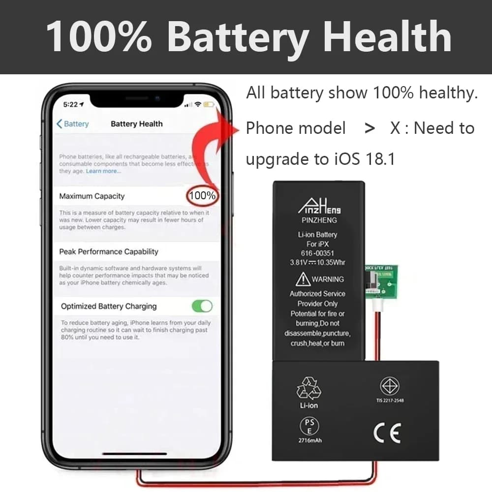 סוללת PINZHENG עבור iPhone X XR XS 11 12 13 Mini Max Pro Promax קיבולת גבוהה אמיתית החלפה בטריה אחריות שנה אחת - תמונה 3