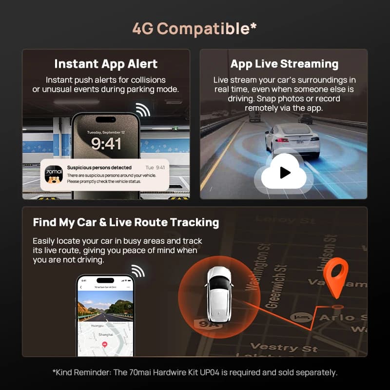מצלמת דרך 70mai דגם A810S HDR IMX678 עם קבל-על, 4G LTE, שלט רחוק, Wi-Fi 6, שליטה קולית, GPS, ADAS - תמונה 2