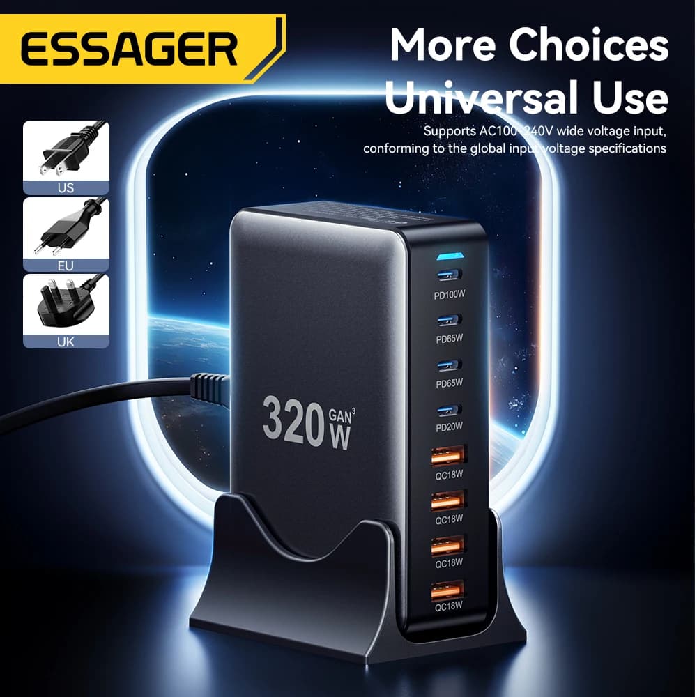 מטען Essager 320W GaN 8 יציאות USB Type C תחנת טעינה לשולחן עבודה PD 100W טעינה מהירה עבור iPhone 17 16 15 iPad MacBook Laptop - תמונה 3