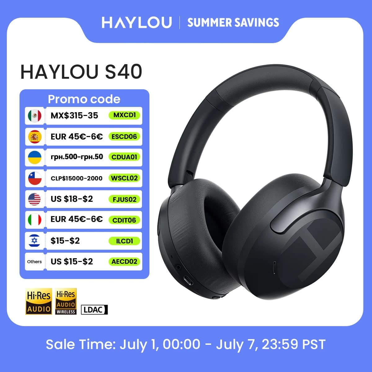 אוזניות אלחוטיות HAYLOU S40 ANC עם ביטול רעשים 50dB, שמע תלת מימדי Hi-Res, אוזניות Over-Ear עם LDAC Bluetooth 6.0