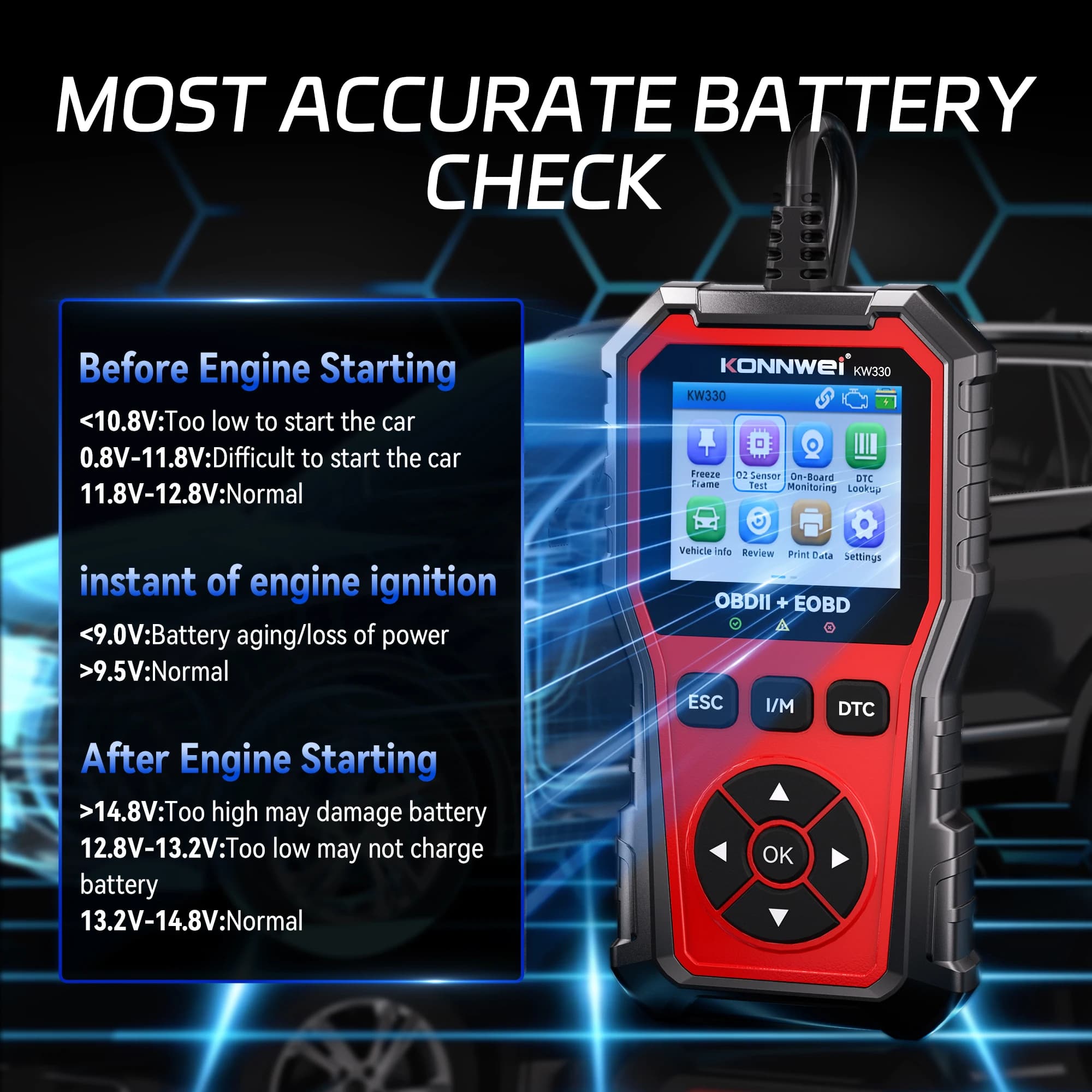 סורק תקלות OBD2 לרכב KONNWEI KW330 מבחן סוללת מנוע קוד תקלות ברור נתונים בזמן אמת מקצועי כלי בדיקת OBD - תמונה 2