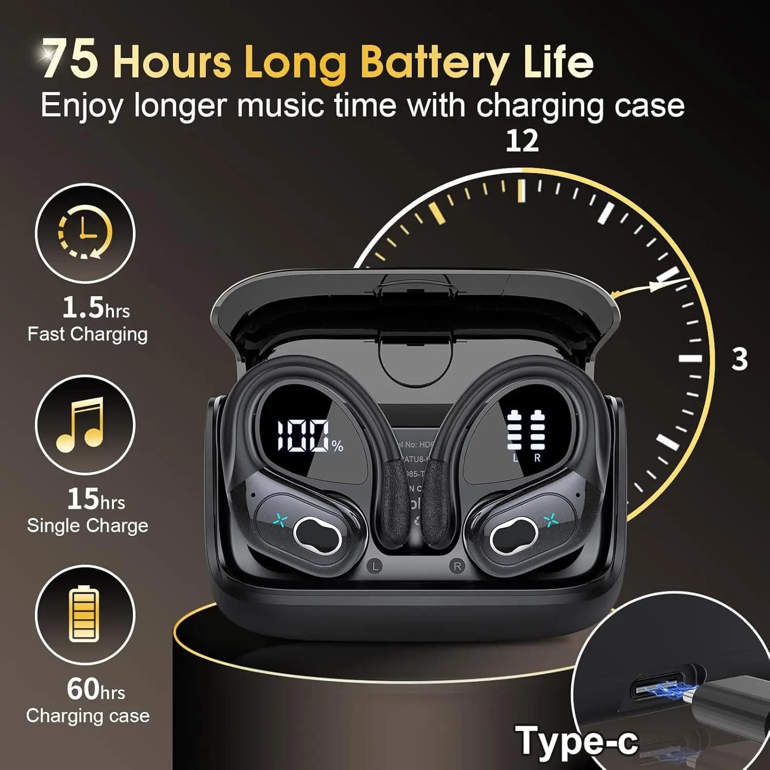 אוזניות אלחוטיות GDLYL HD65 TWS Bluetooth V5.4 עם תצוגה דיגיטלית LED, הפחתת רעשים ועמידות למים - תמונה 3
