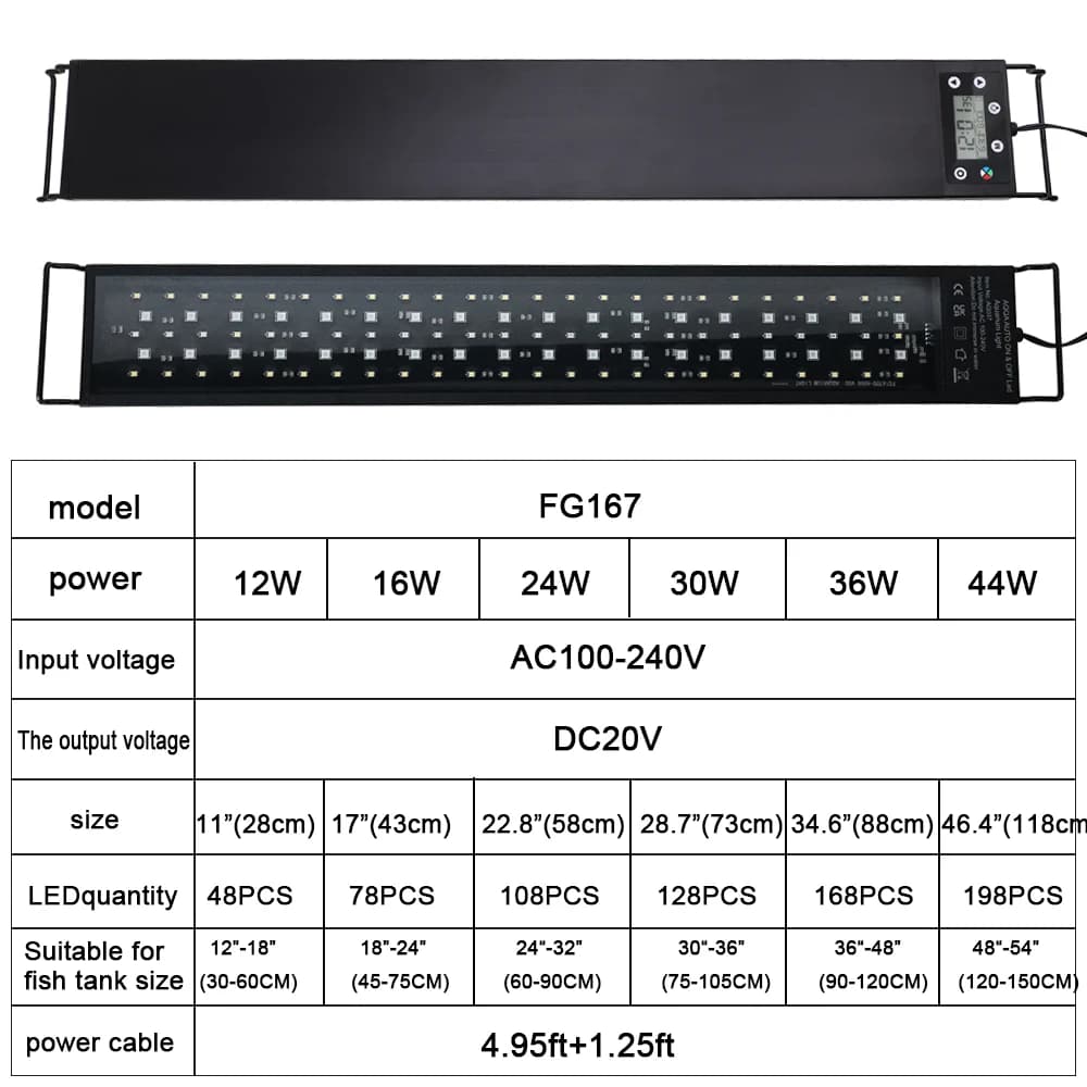 תאורת ספקטרום מלא 24/7 למיכל דגים בעלת תאורה LED לקישוט אקווריום צמחיה אקווטית עמידה במים IP68 100V-240V - תמונה 6