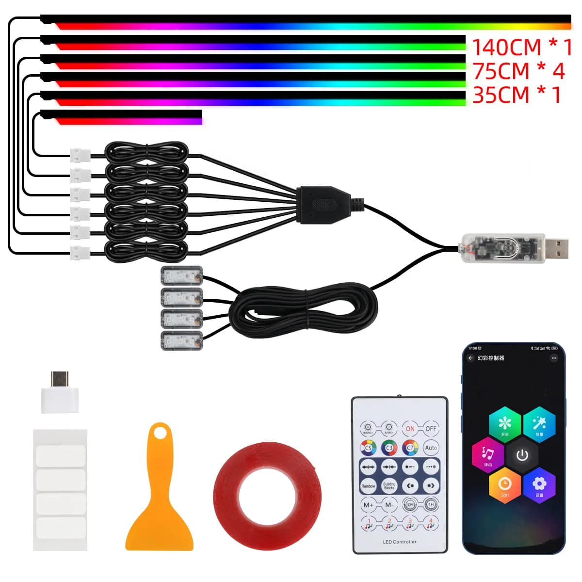 10 ב-1 רצועת אור LED אקרילית לרכב RGB סימפוניה תאורת פנים אוטומטית רצועת תאורה מרחוק / שליטה באפליקציה למנורת אטמוספירה דקורטיבית