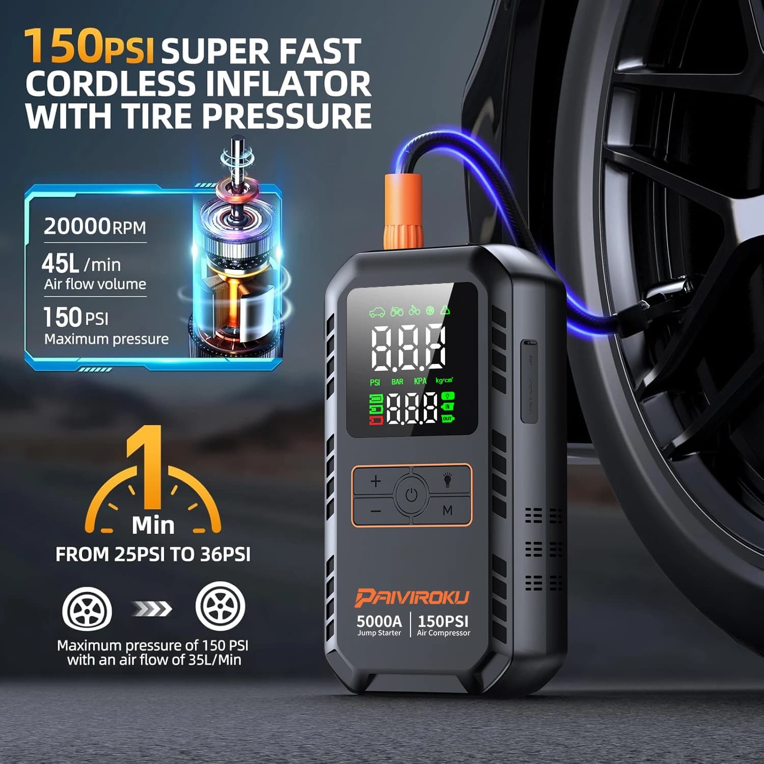 PAIVIROKU 4-IN-1 מתנע רכב עם מדחס אוויר 5000APeak מאיץ סוללות אוטומטי 150PSI משאבת אוויר בנק כוח משאבת אוויר ניפוח צמיגים - תמונה 3