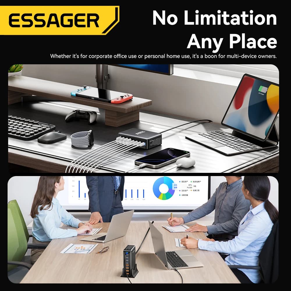 מטען Essager 320W GaN 8 יציאות USB Type C תחנת טעינה לשולחן עבודה PD 100W טעינה מהירה עבור iPhone 17 16 15 iPad MacBook Laptop - תמונה 6