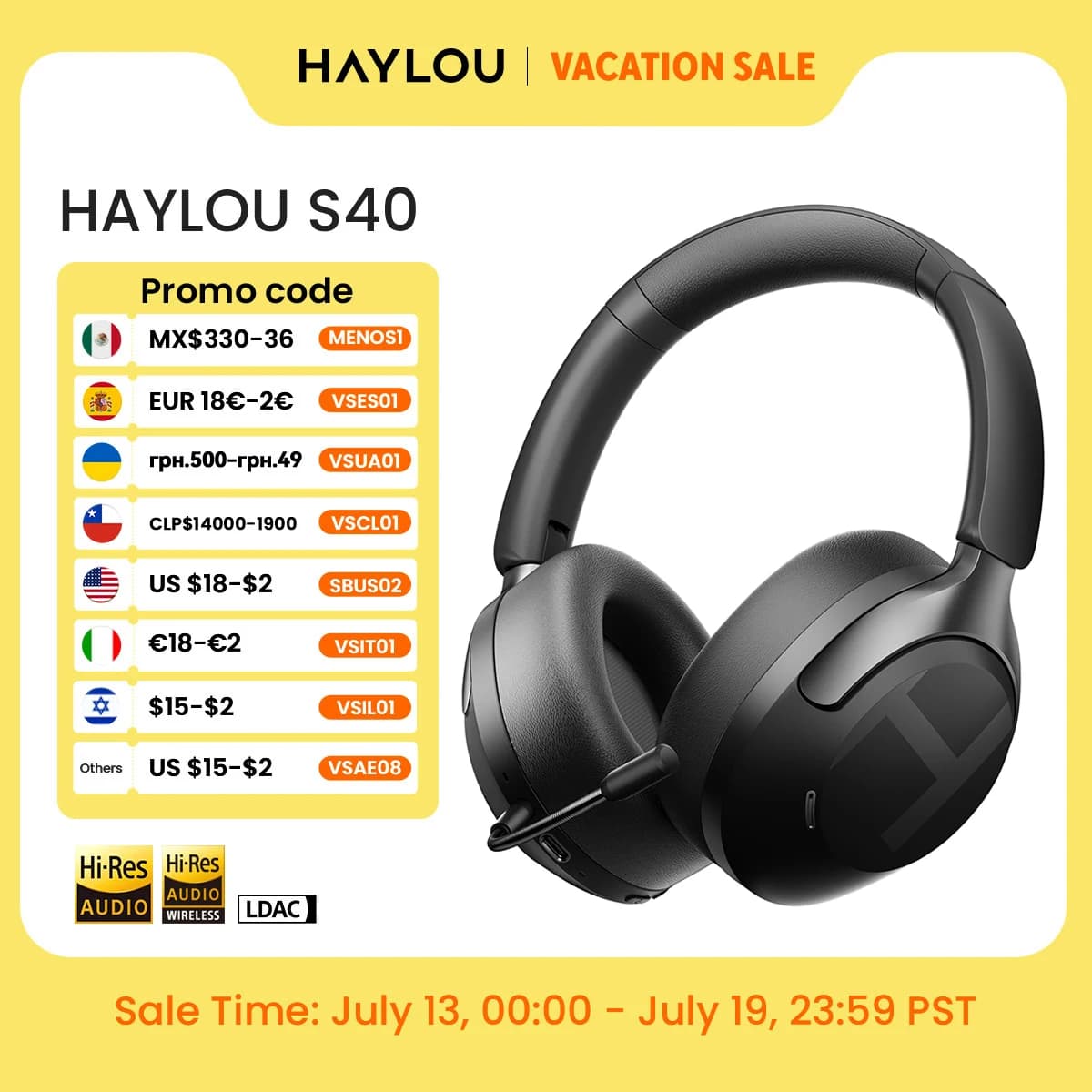 אוזניות אלחוטיות HAYLOU S40 ANC עם ביטול רעשים 50dB, שמע תלת מימדי Hi-Res, אוזניות Over-Ear עם LDAC Bluetooth 6.0