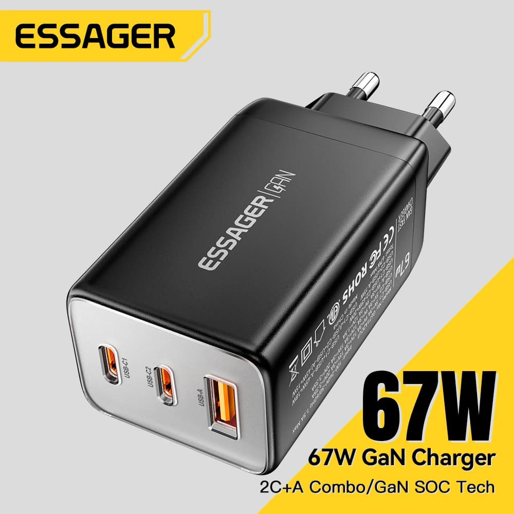 מטען Essager 67W GaN USB-C PD 3.0 QC 3.0 טעינה מהירה עבור iPhone 16 15 Pro Max Xiaomi Samsung Huawei Mate 70 מטענים למחשבים ניידים - תמונה 2