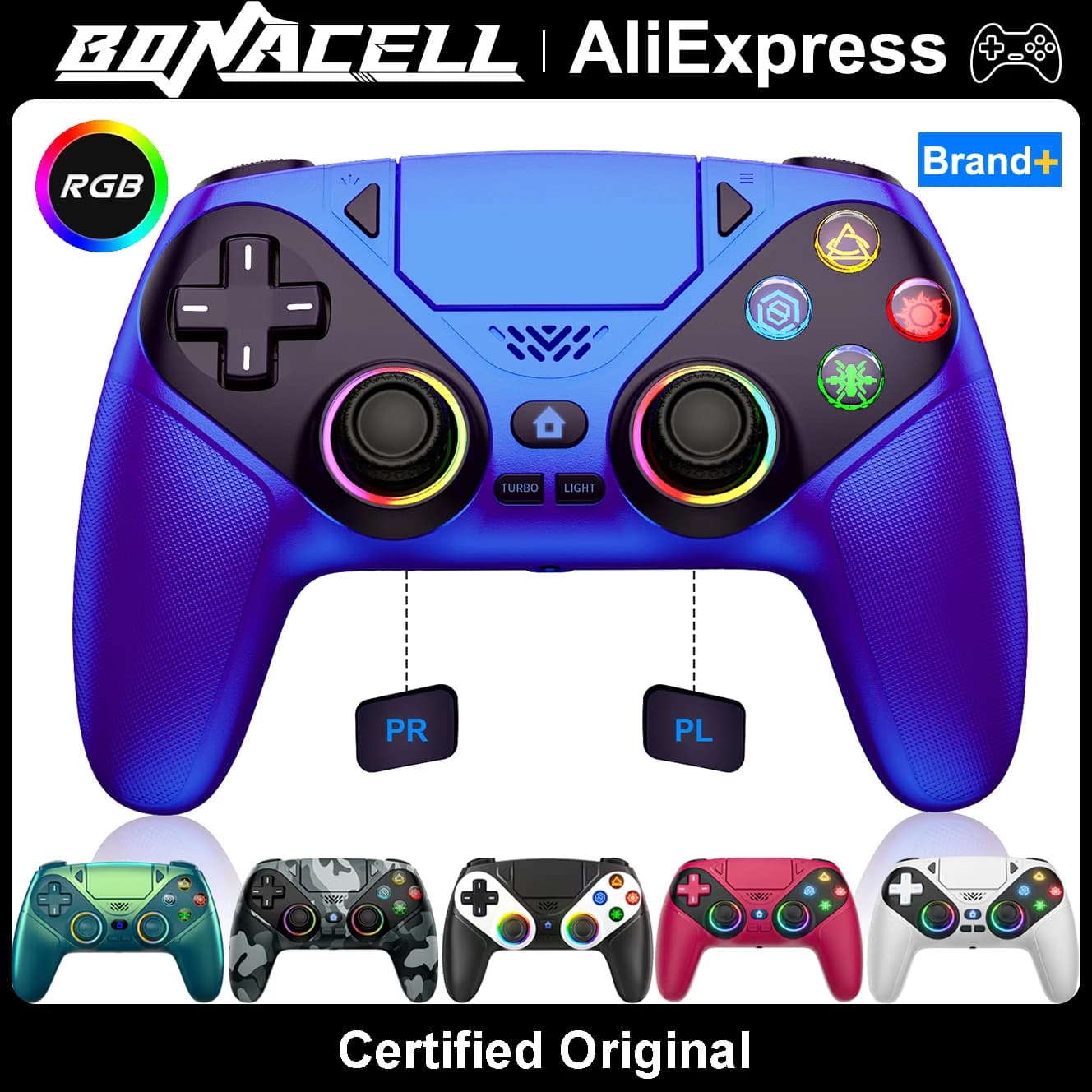 בקר לפלייסטיישן 5/PS5/PS5 Pro/Slim/PC, בקרי משחק אלחוטיים RGB ג'ויסטיק טורבו/מרקו תוכנית רטט כפול בקרת משחק