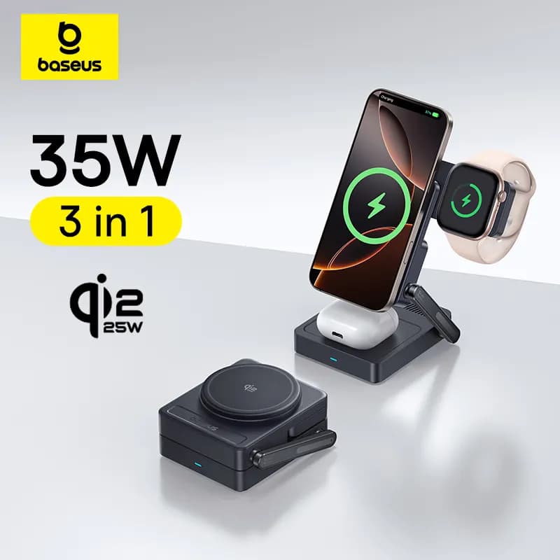 🔌 מטען אלחוטי מגנטי 3 ב-1 Baseus PicoGo — טעינה מהירה 25W לאייפון, אפל ווטש ואוזניות בבת אחת (Qi2.2, מתקפל, זווית מתכווננת, 4.8★ · מעל 4,000 נמכרו · תקן מקורי, משלוח חינם) - תמונה 1
