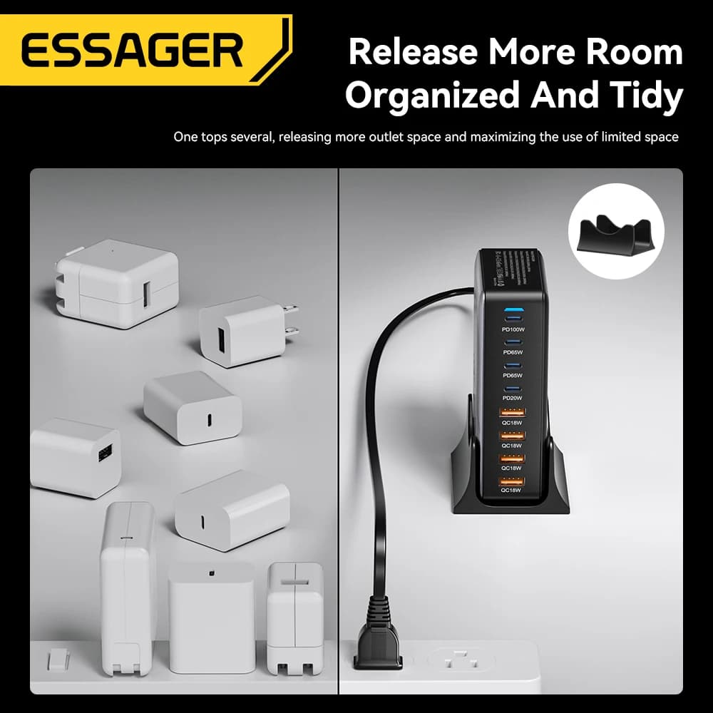 מטען Essager 320W GaN 8 יציאות USB Type C תחנת טעינה לשולחן עבודה PD 100W טעינה מהירה עבור iPhone 17 16 15 iPad MacBook Laptop - תמונה 2