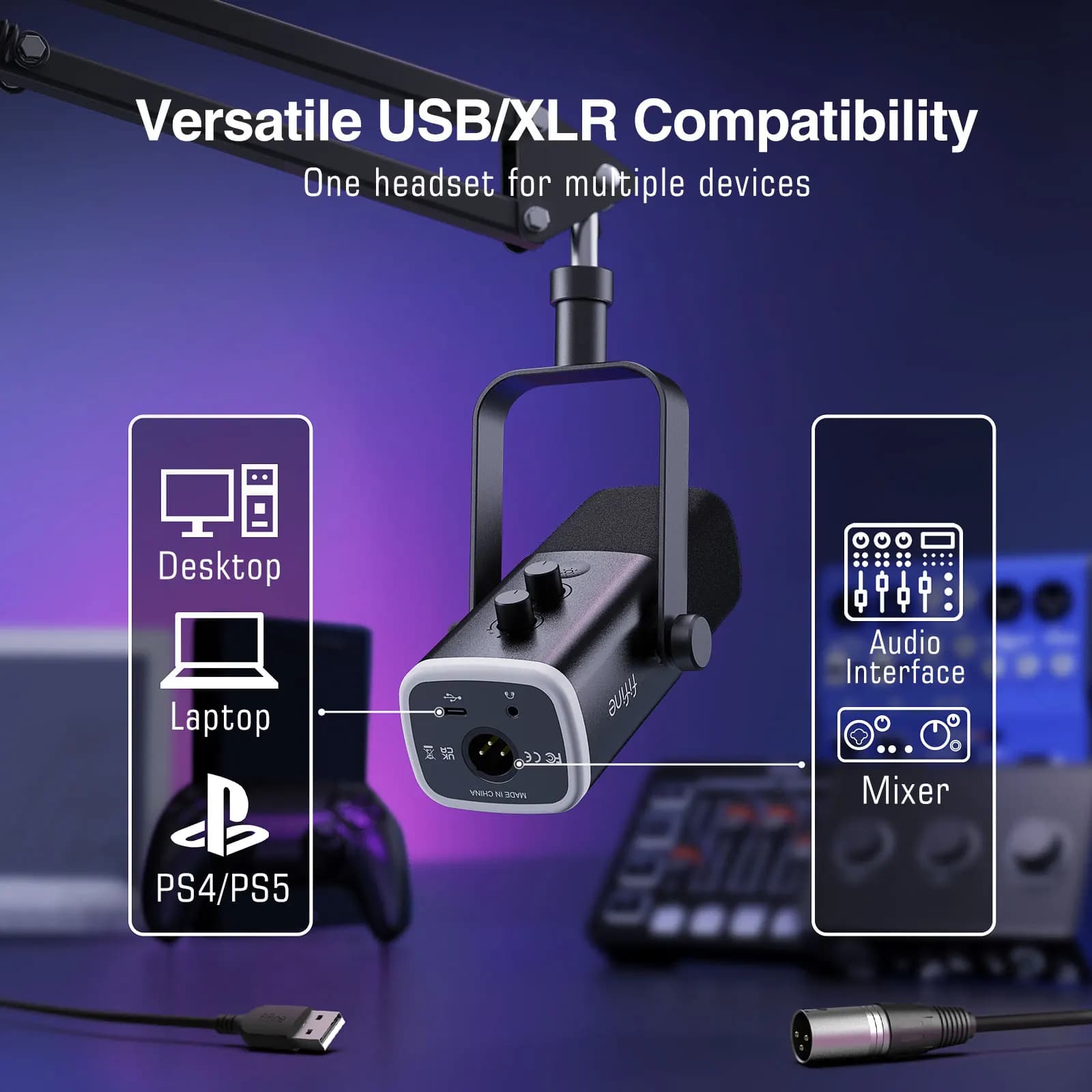 ערכת מיקרופון דינמי XLR עם זרוע בום למיקסר, סט מיקרופון USB למשחקים עם RGB, שליטת עוצמה עבור מחשב PS5/4 AmpliGame AM8T - תמונה 6