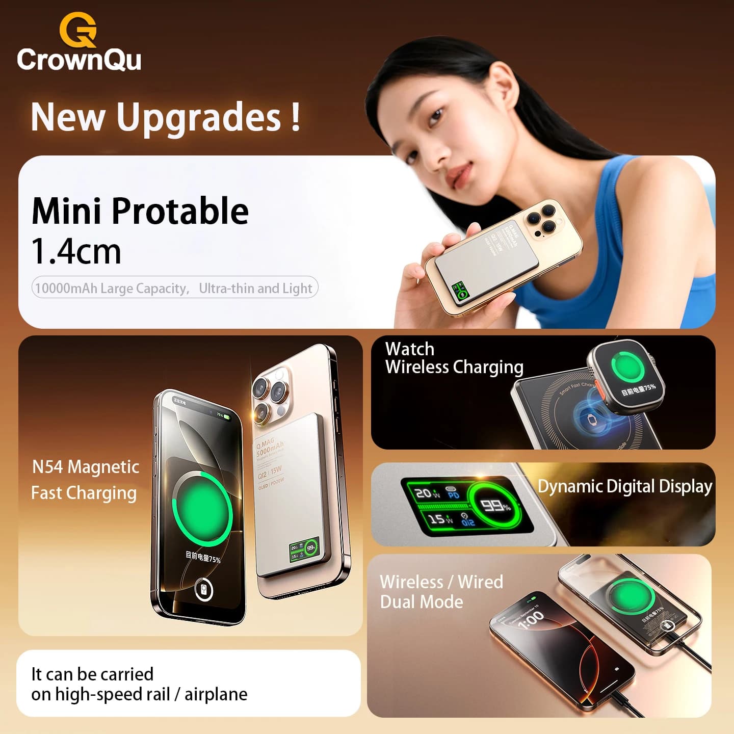 סוללת גיבוי מגנטית אלחוטית Qi 2.1 USB-C טעינה מהירה לאייפון 12-17 פרו, איירפודס, שעון שיאומי, 10000mAh - תמונה 3