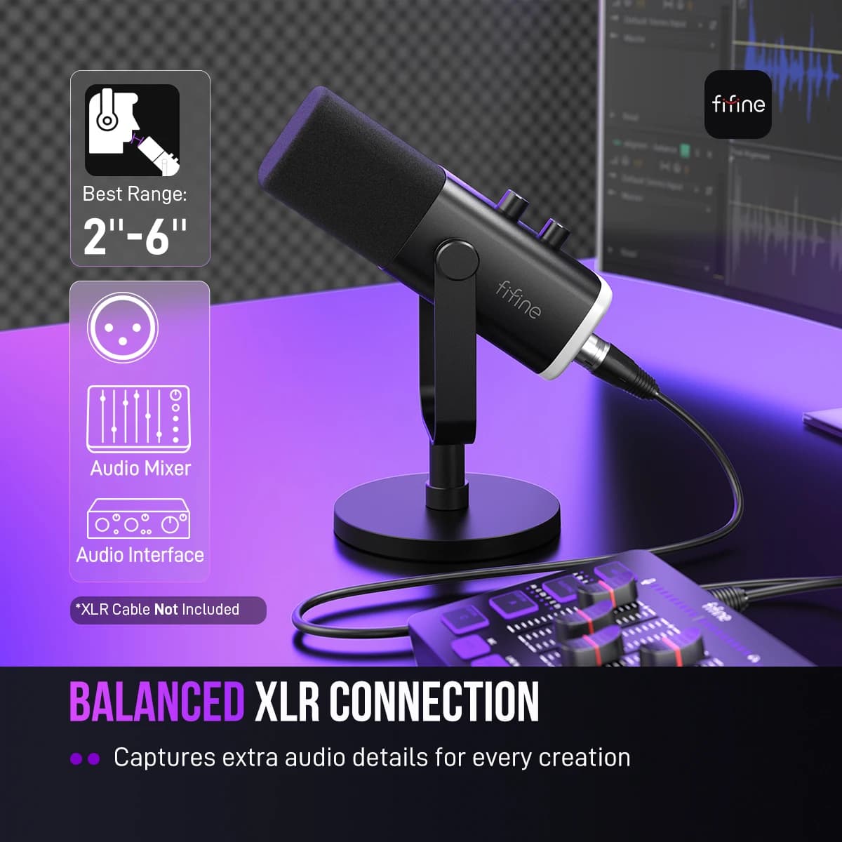 מיקרופון דינמי FIFINE USB/XLR עם בקרת RGB/חיבור אוזניות/שקט, מיקרופון להקלטת משחקים במחשב ושידור משחקים AmpliGame-AM8 - תמונה 2
