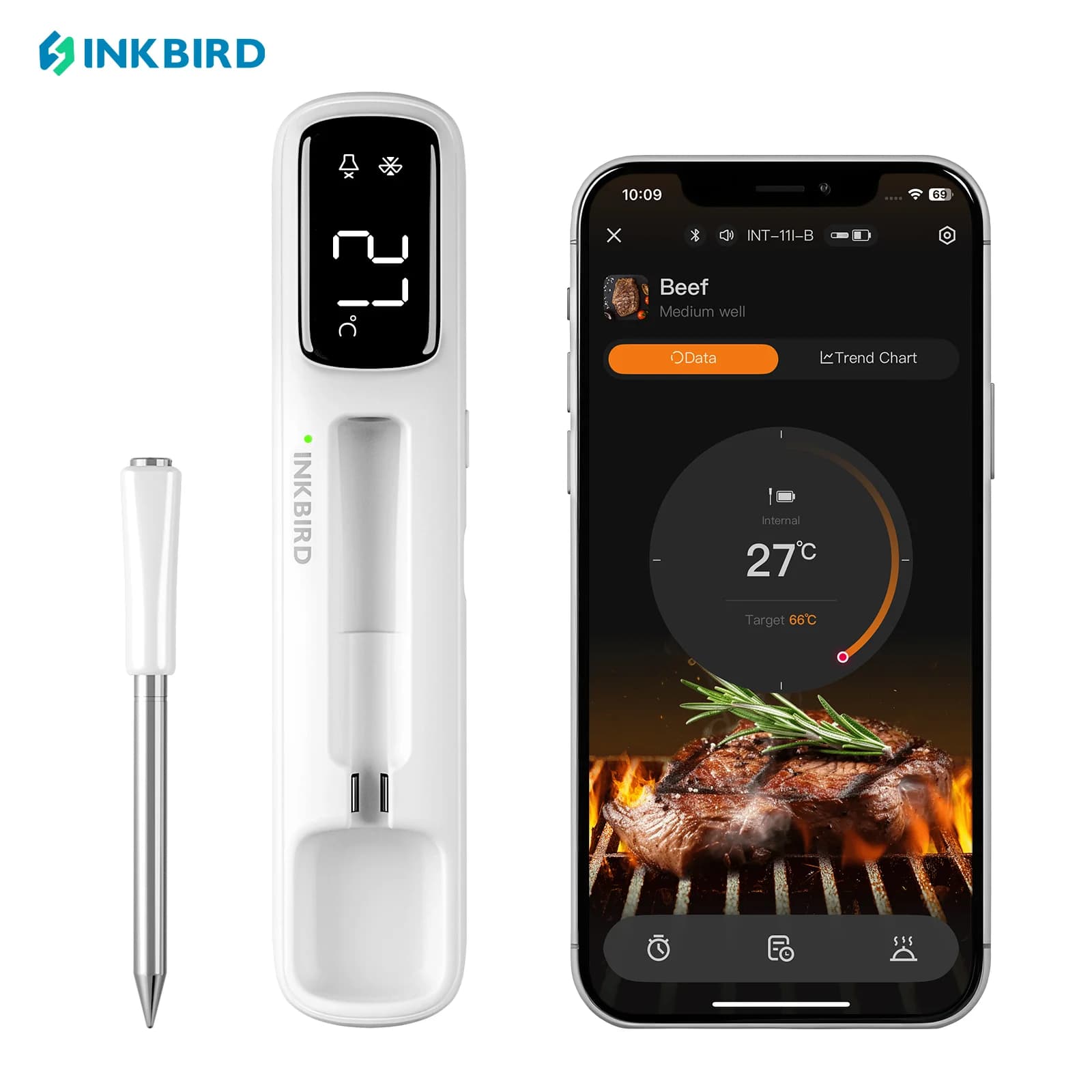 INKBIRD INT-11I-B מיני מד חום אלחוטי לבשר, Bluetooth 5.4 1000 רגל, תגובה של 1 שניה, IP67, 26 הגדרות מראש, תצוגת LED, לברביקיו / גריל
