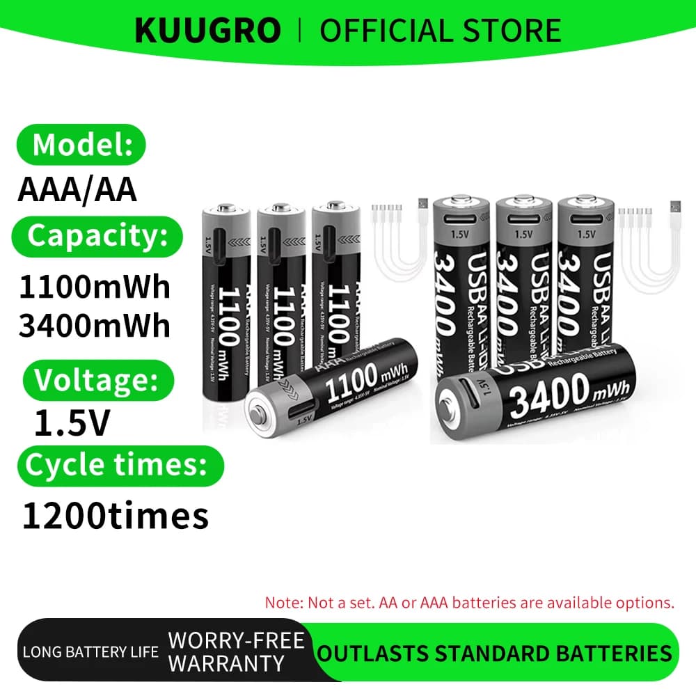סוללות נטענות Li-ion AAA ו-AA של Kuugro USB ליתיום-יון 3400mWh 1.5V סוללות נטענות AA + 1100mWh סוללת AAA 1.5V