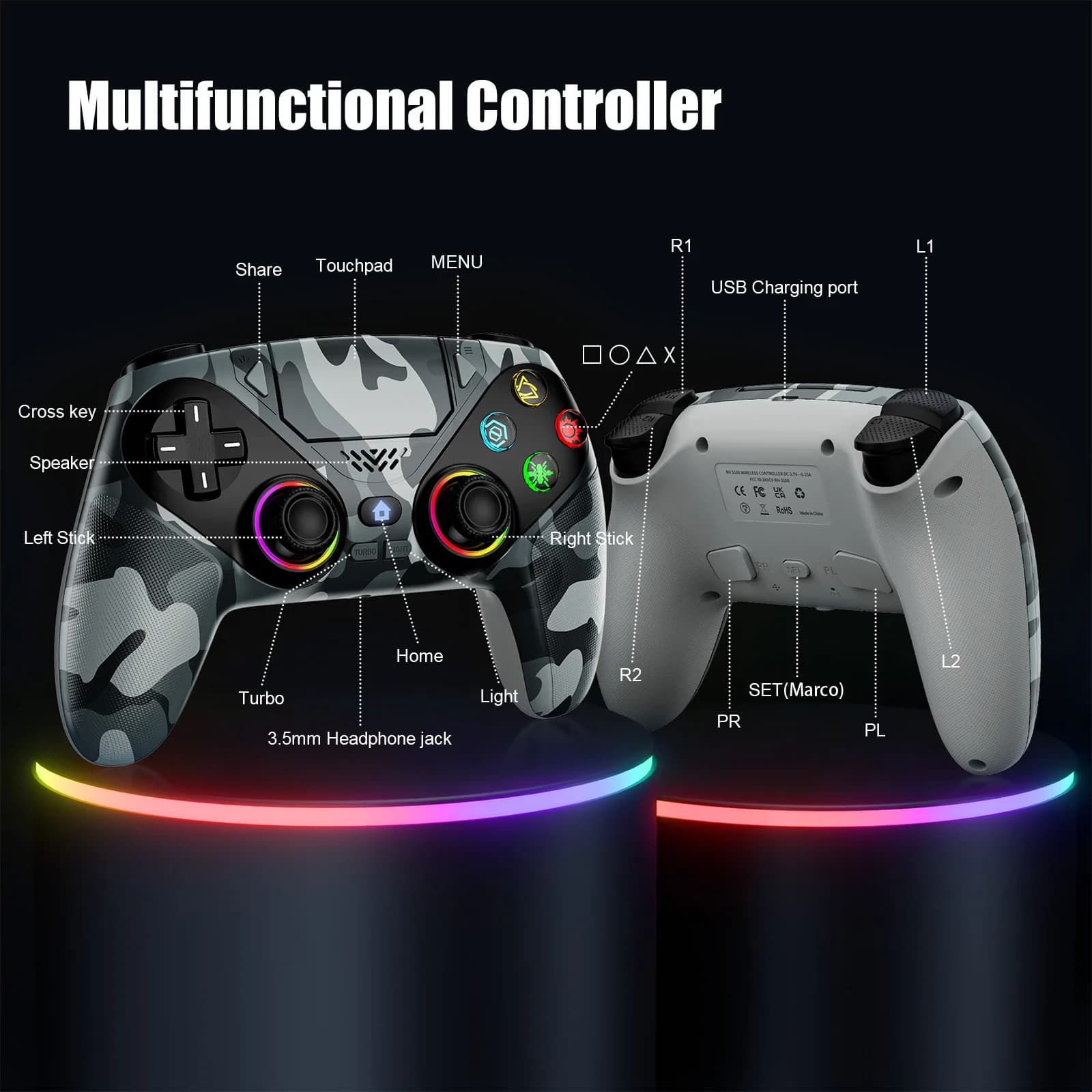 בקר לפלייסטיישן 5 PS5/PS5 Pro/Slim/PC, ג'ויסטיק אלחוטי RGB עם טריגר אפקט הול, מרקו/טורבו, נגד סחיפה - תמונה 6