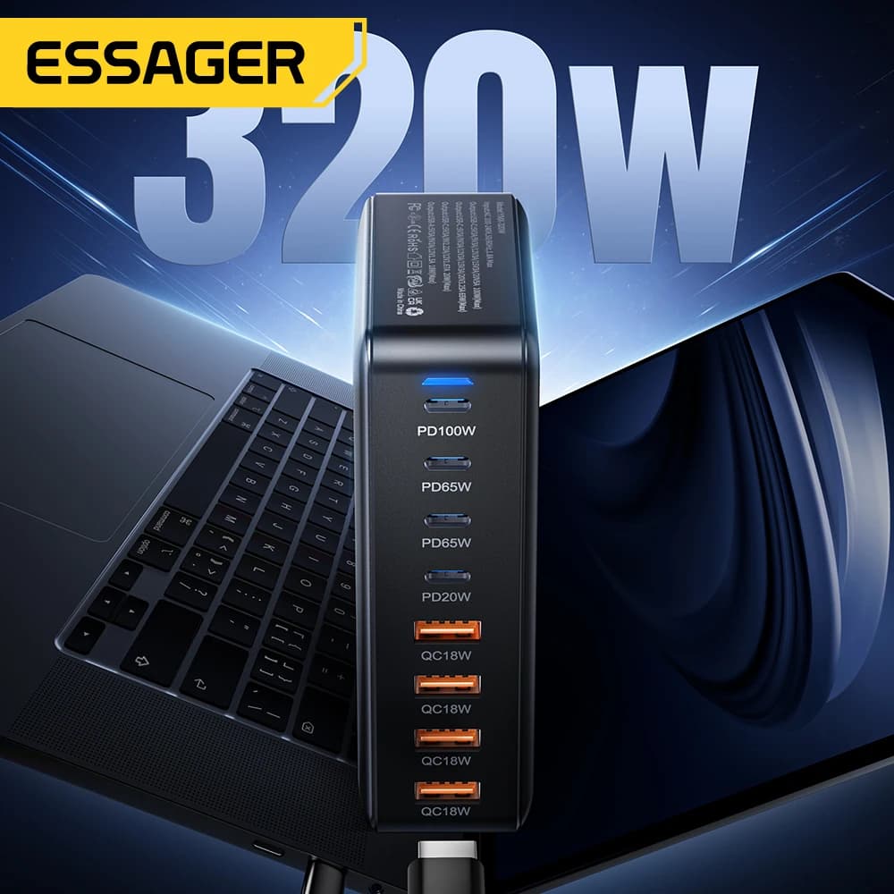 מטען Essager 320W GaN 8 יציאות USB Type C תחנת טעינה לשולחן עבודה PD 100W טעינה מהירה עבור iPhone 17 16 15 iPad MacBook Laptop - תמונה 4