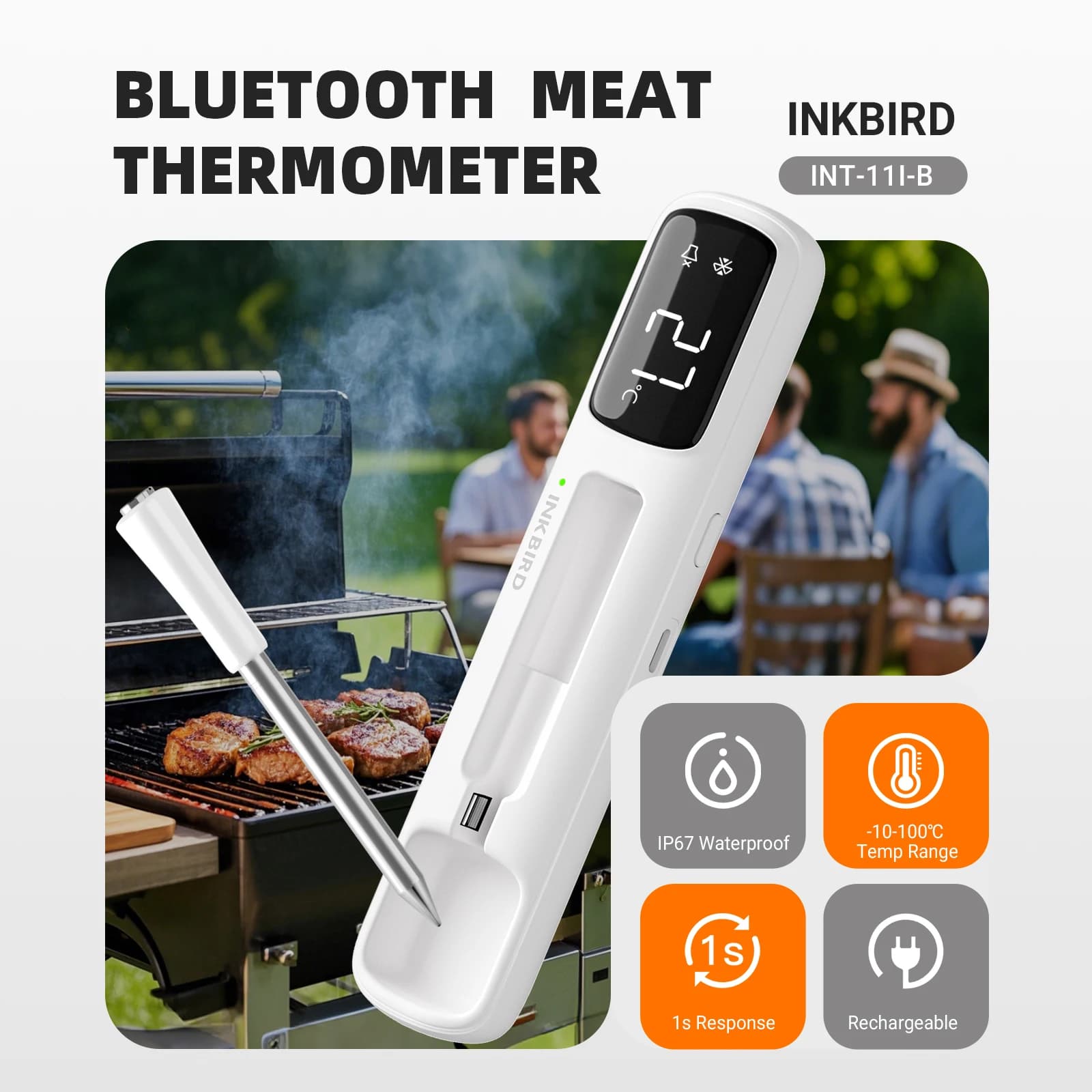 INKBIRD INT-11I-B מיני מד חום אלחוטי לבשר, Bluetooth 5.4 1000 רגל, תגובה של 1 שניה, IP67, 26 הגדרות מראש, תצוגת LED, לברביקיו / גריל - תמונה 6