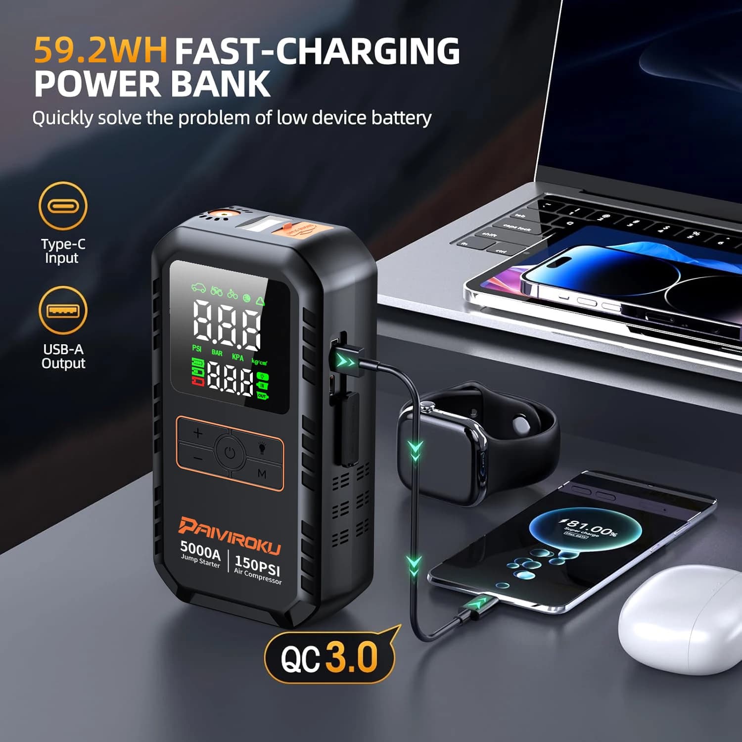 PAIVIROKU 4-IN-1 מתנע רכב עם מדחס אוויר 5000APeak מאיץ סוללות אוטומטי 150PSI משאבת אוויר בנק כוח משאבת אוויר ניפוח צמיגים - תמונה 5
