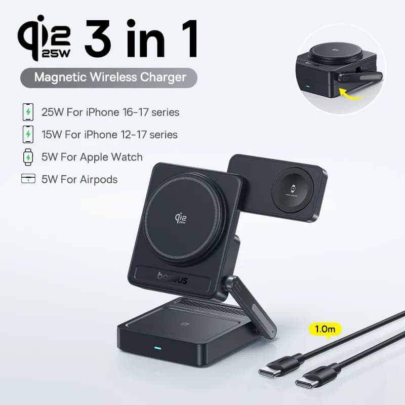 🔌 מטען אלחוטי מגנטי 3 ב-1 Baseus PicoGo — טעינה מהירה 25W לאייפון, אפל ווטש ואוזניות בבת אחת (Qi2.2, מתקפל, זווית מתכווננת, 4.8★ · מעל 4,000 נמכרו · תקן מקורי, משלוח חינם) - תמונה 2