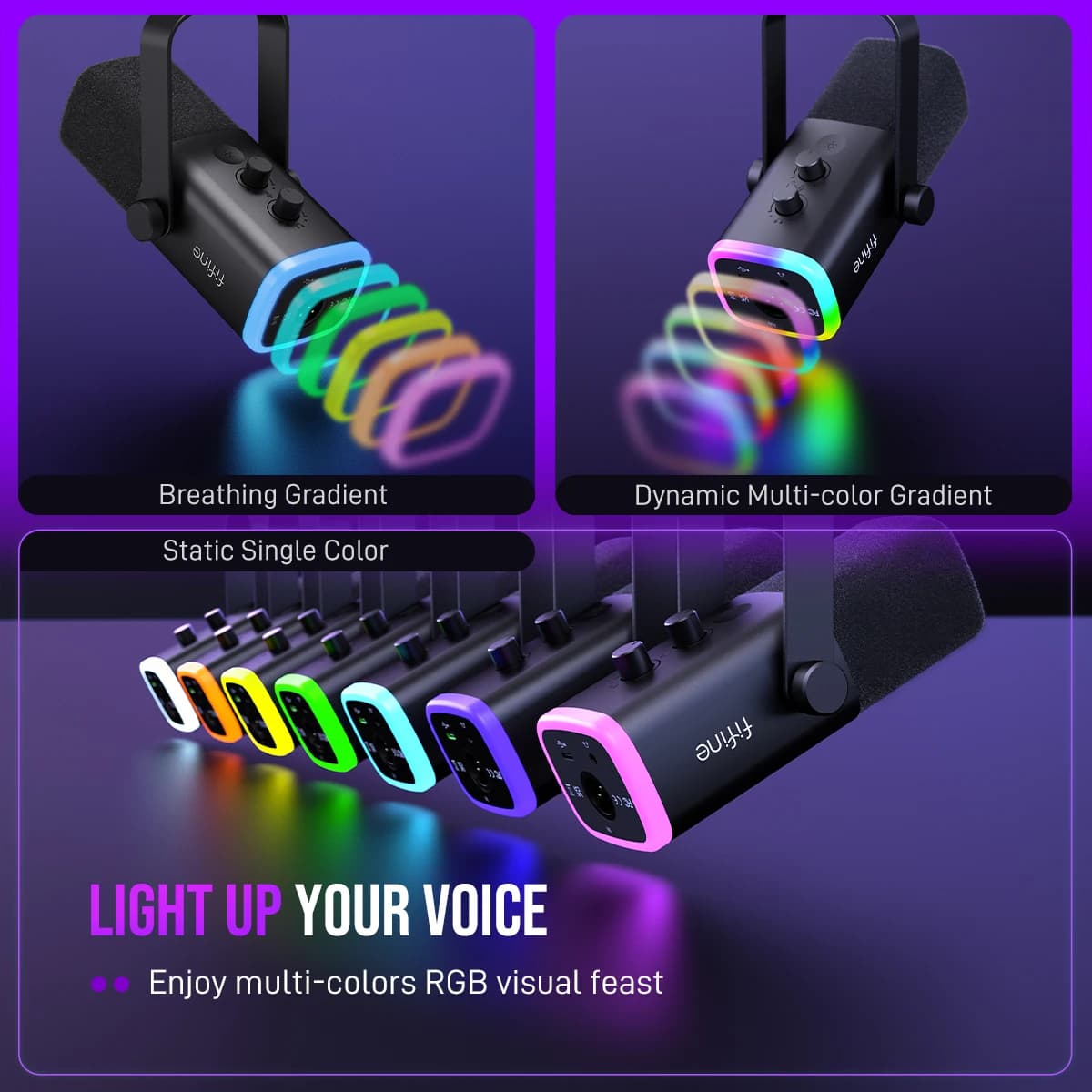 מיקרופון דינמי FIFINE USB/XLR עם בקרת RGB/חיבור אוזניות/שקט, מיקרופון להקלטת משחקים במחשב ושידור משחקים AmpliGame-AM8 - תמונה 6