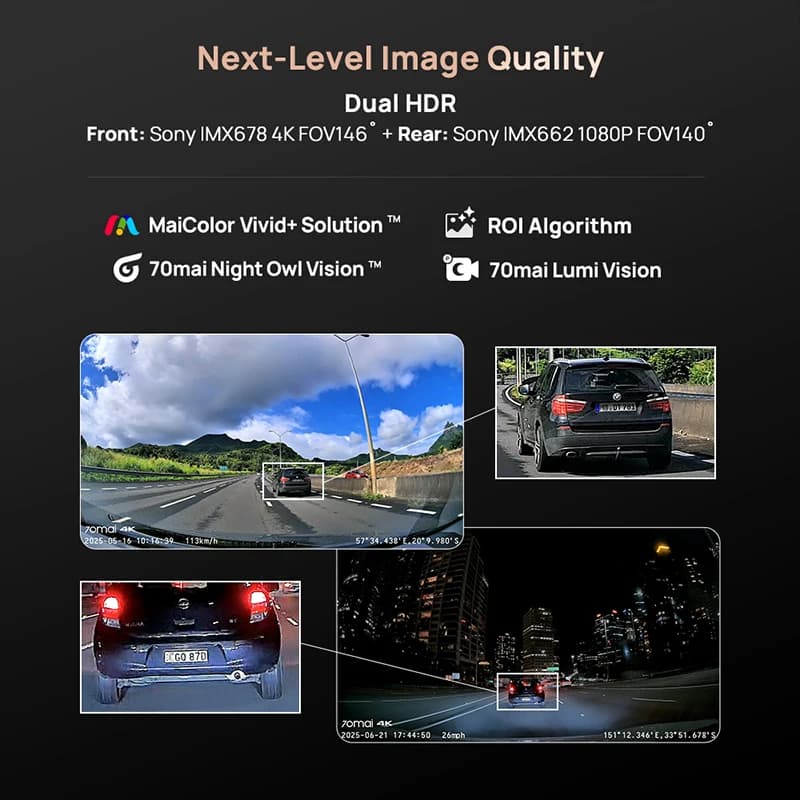 מצלמת דרך 70mai דגם A810S HDR IMX678 עם קבל-על, 4G LTE, שלט רחוק, Wi-Fi 6, שליטה קולית, GPS, ADAS - תמונה 4