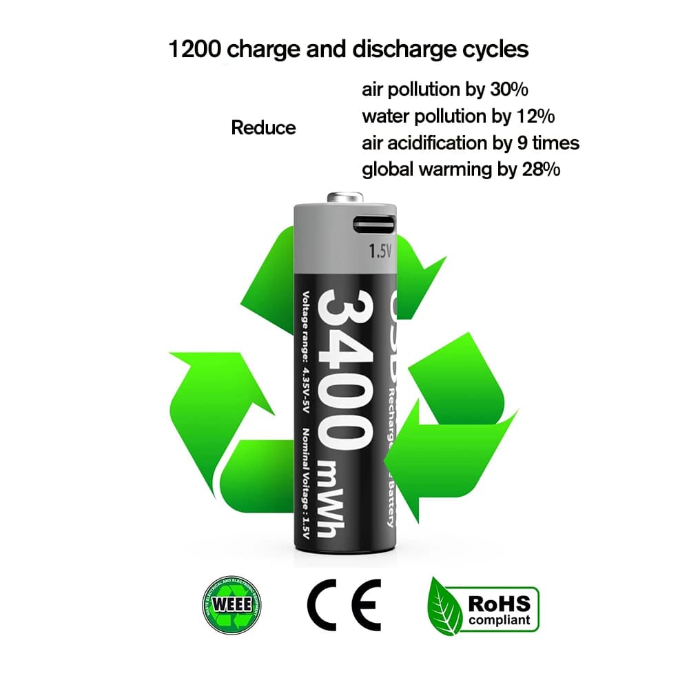 סוללות נטענות Li-ion AAA ו-AA של Kuugro USB ליתיום-יון 3400mWh 1.5V סוללות נטענות AA + 1100mWh סוללת AAA 1.5V - תמונה 6