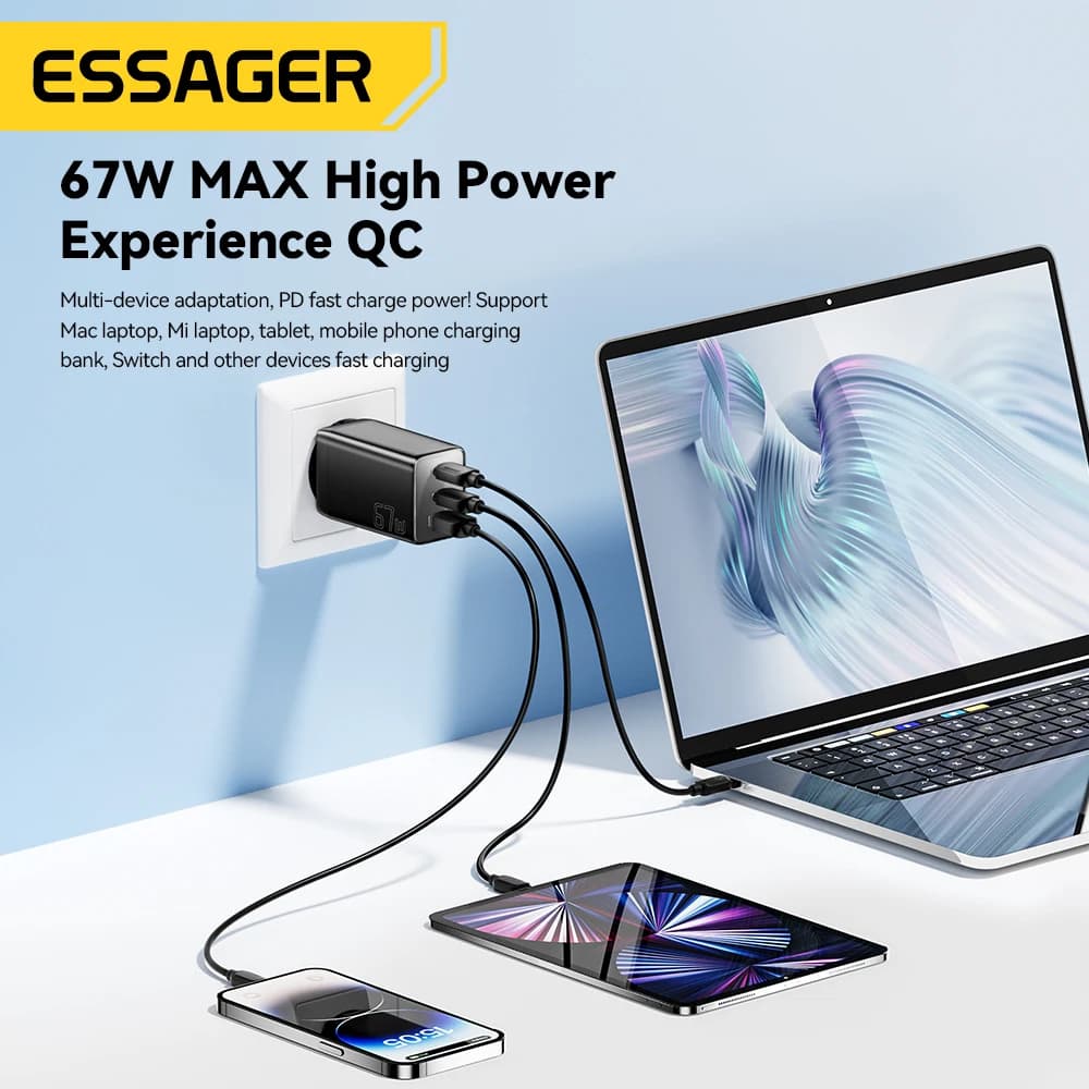 מטען Essager 67W GaN USB-C PD 3.0 QC 3.0 טעינה מהירה עבור iPhone 16 15 Pro Max Xiaomi Samsung Huawei Mate 70 מטענים למחשבים ניידים - תמונה 6