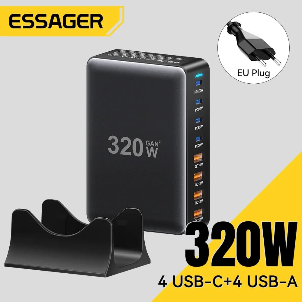 מטען Essager 320W GaN 8 יציאות USB Type C תחנת טעינה לשולחן עבודה PD 100W טעינה מהירה עבור iPhone 17 16 15 iPad MacBook Laptop