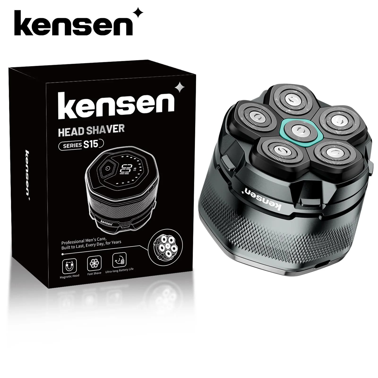 מכונת גילוח ראש חשמלית KENSEN לגברים עם מגנט 6D, מספריים לגילוח זקן, טעינה באמצעות USB, תצוגת LED, עמידה במים