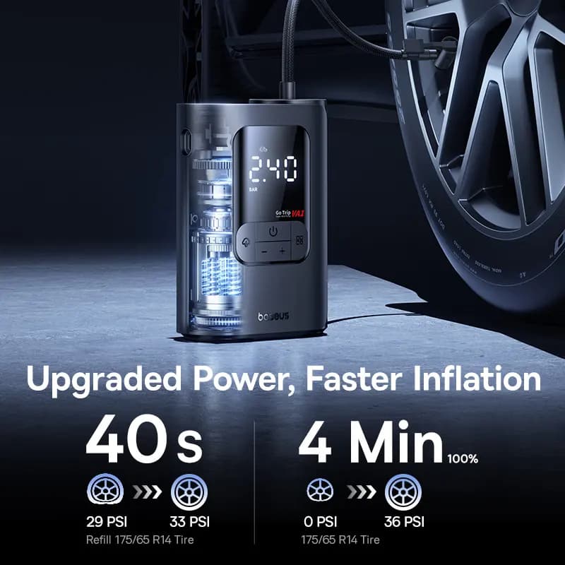 מדחס אוויר נייד לרכב Baseus GoTrip VA1 Pro — מנפח צמיג ב-40 שניות, עוצר אוטומטית, נטען - תמונה 5