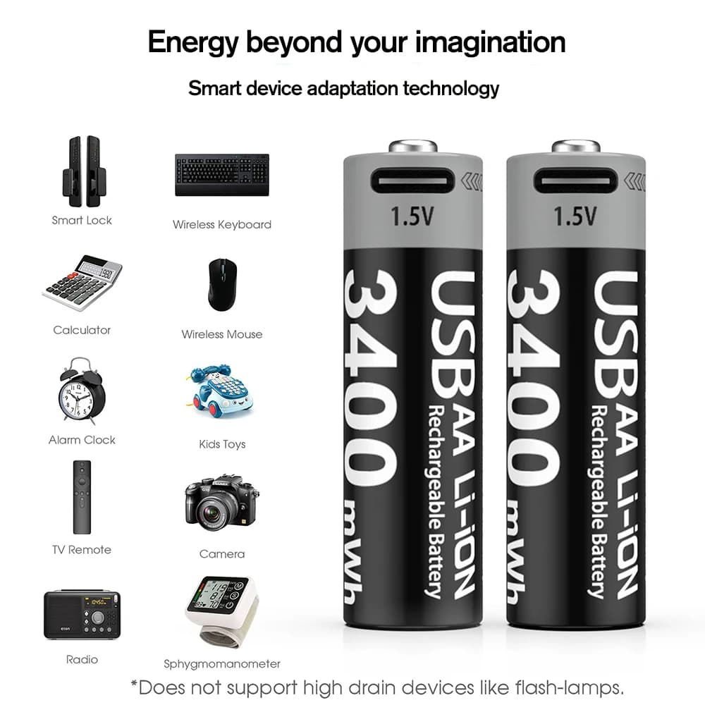 סוללות נטענות Li-ion AAA ו-AA של Kuugro USB ליתיום-יון 3400mWh 1.5V סוללות נטענות AA + 1100mWh סוללת AAA 1.5V - תמונה 5
