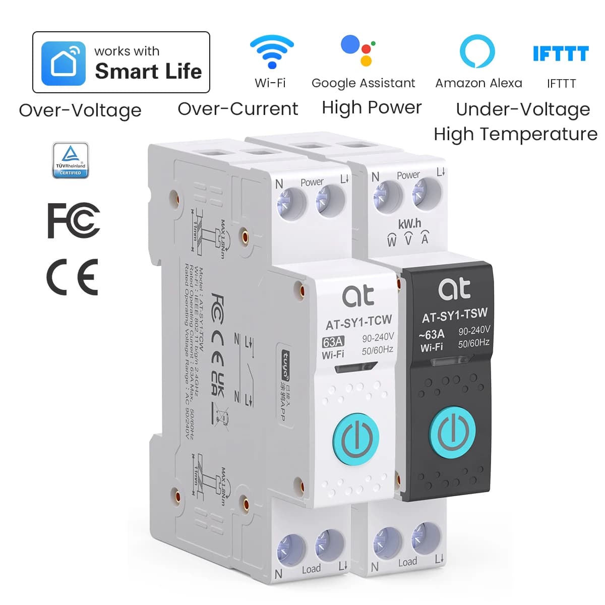 מתג שליטה מרחוק קולי עם מגן למתג טיימר MCB חכם Tuya WiFi Circuit Breaker Smart 1P+N 63A Power Energy kWh Voltage Current Meter