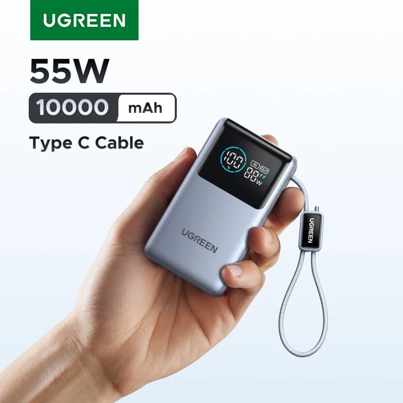 UGREEN סוללת גיבוי 55W 10000mAh עם כבל Type C, טעינה מהירה ניידת עבור Redmi Note, Xiaomi Mi 14, 13, 12, סוללה ניידת