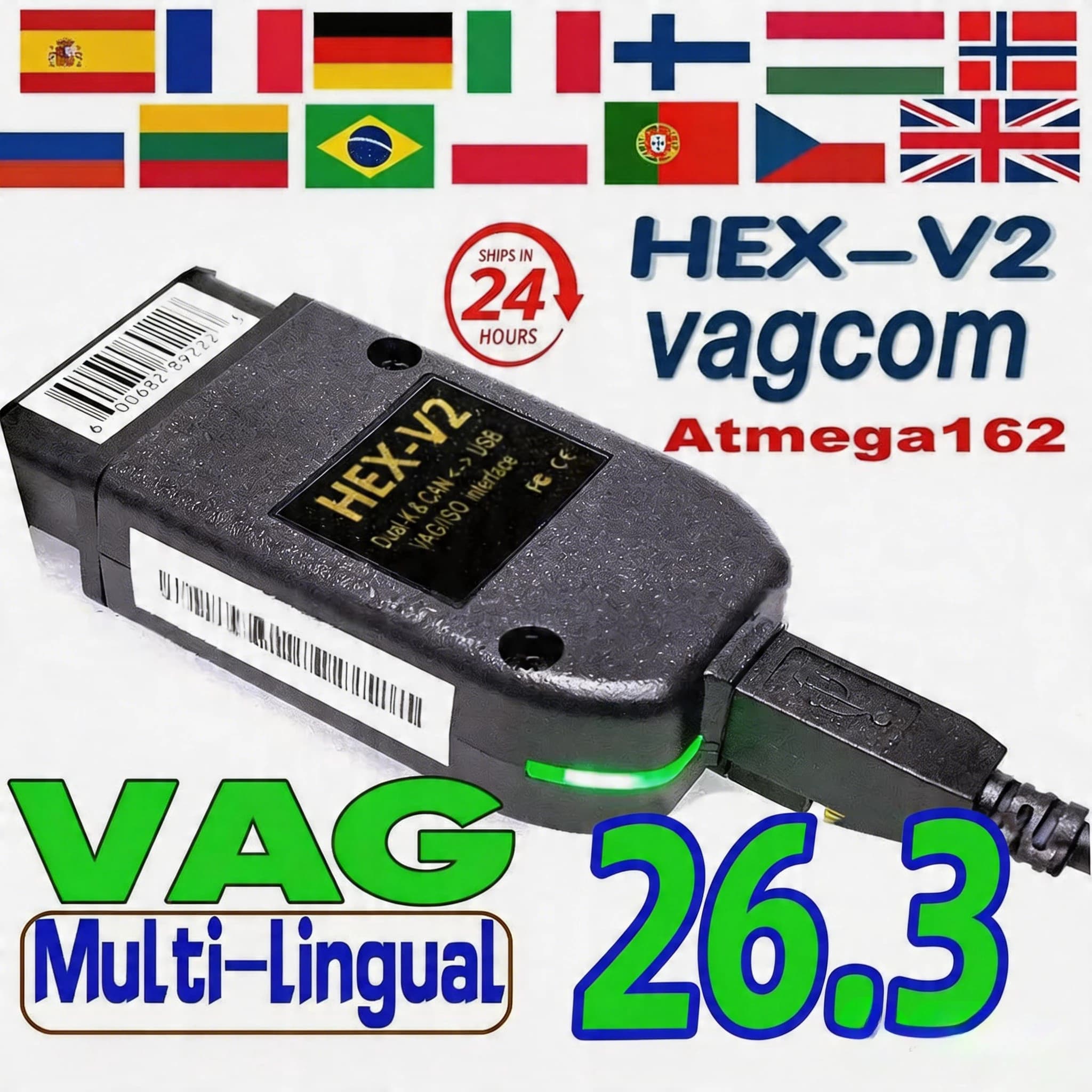 ממשק VCDS VAGCOM VCDSCAN HEX V2 גרסה 26.3 לשנת 2026 עבור פולקסווגן, אאודי, סקודה וסיאט, כלי אבחון רכב רב-לשוניים של Autocom