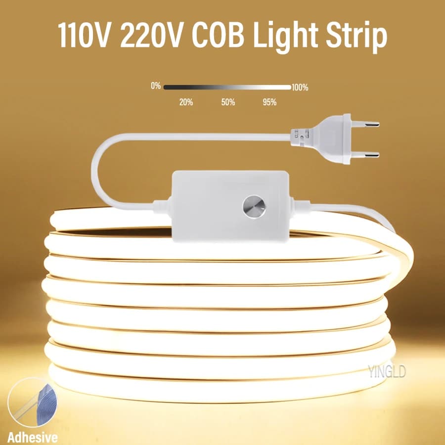 סטריפ LED COB במתח 220V עם מתג בהירות גבוהה / ניתן לכווץ US 110v EU Plug נאון טייפ תאורת ארון מטבח עמיד למים גינה