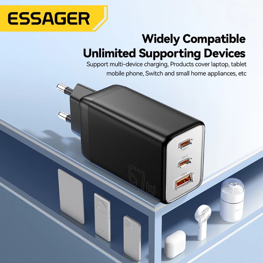 מטען Essager 67W GaN USB-C PD 3.0 QC 3.0 טעינה מהירה עבור iPhone 16 15 Pro Max Xiaomi Samsung Huawei Mate 70 מטענים למחשבים ניידים - תמונה 4