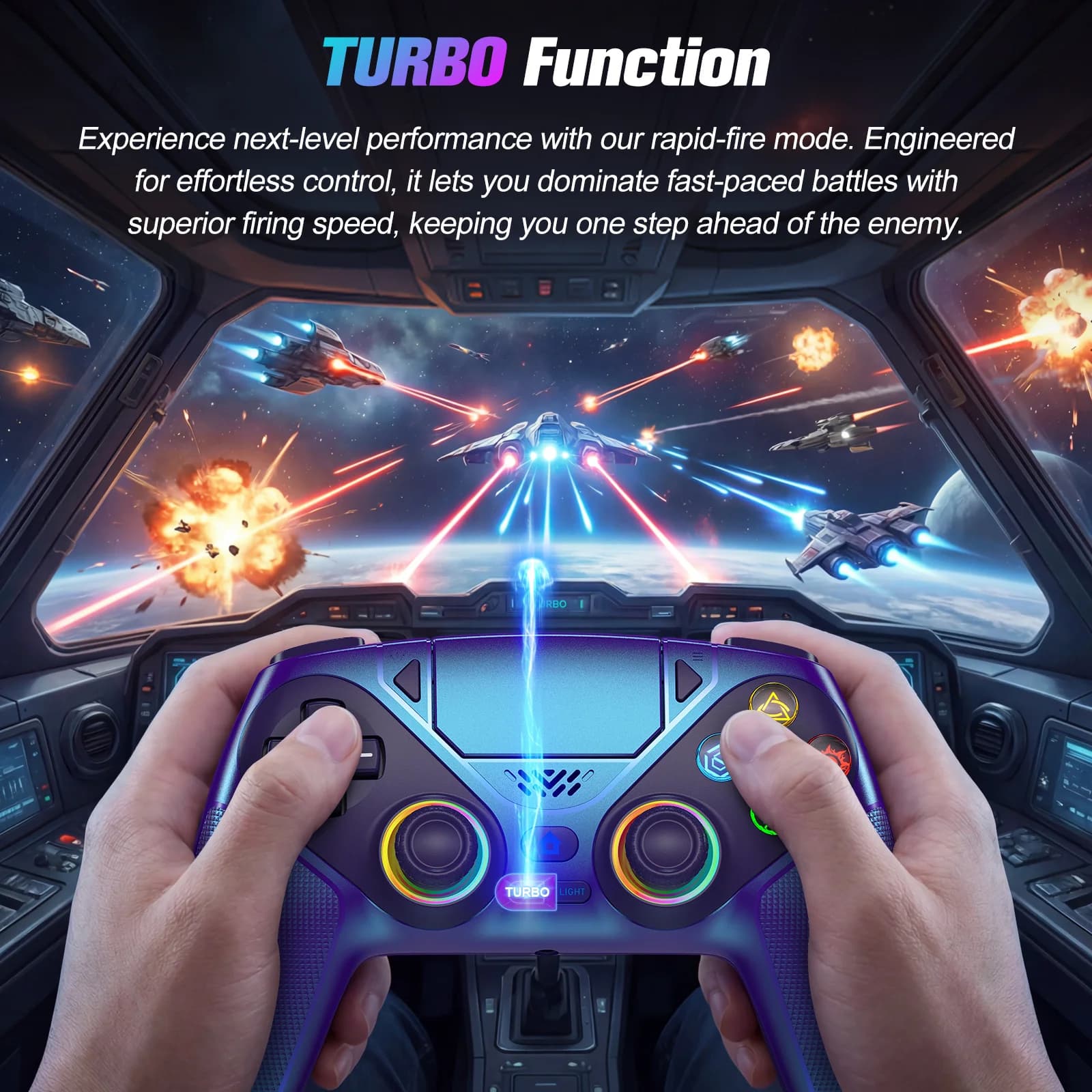 בקר לפלייסטיישן 5/PS5/PS5 Pro/Slim/PC, בקרי משחק אלחוטיים RGB ג'ויסטיק טורבו/מרקו תוכנית רטט כפול בקרת משחק - תמונה 5